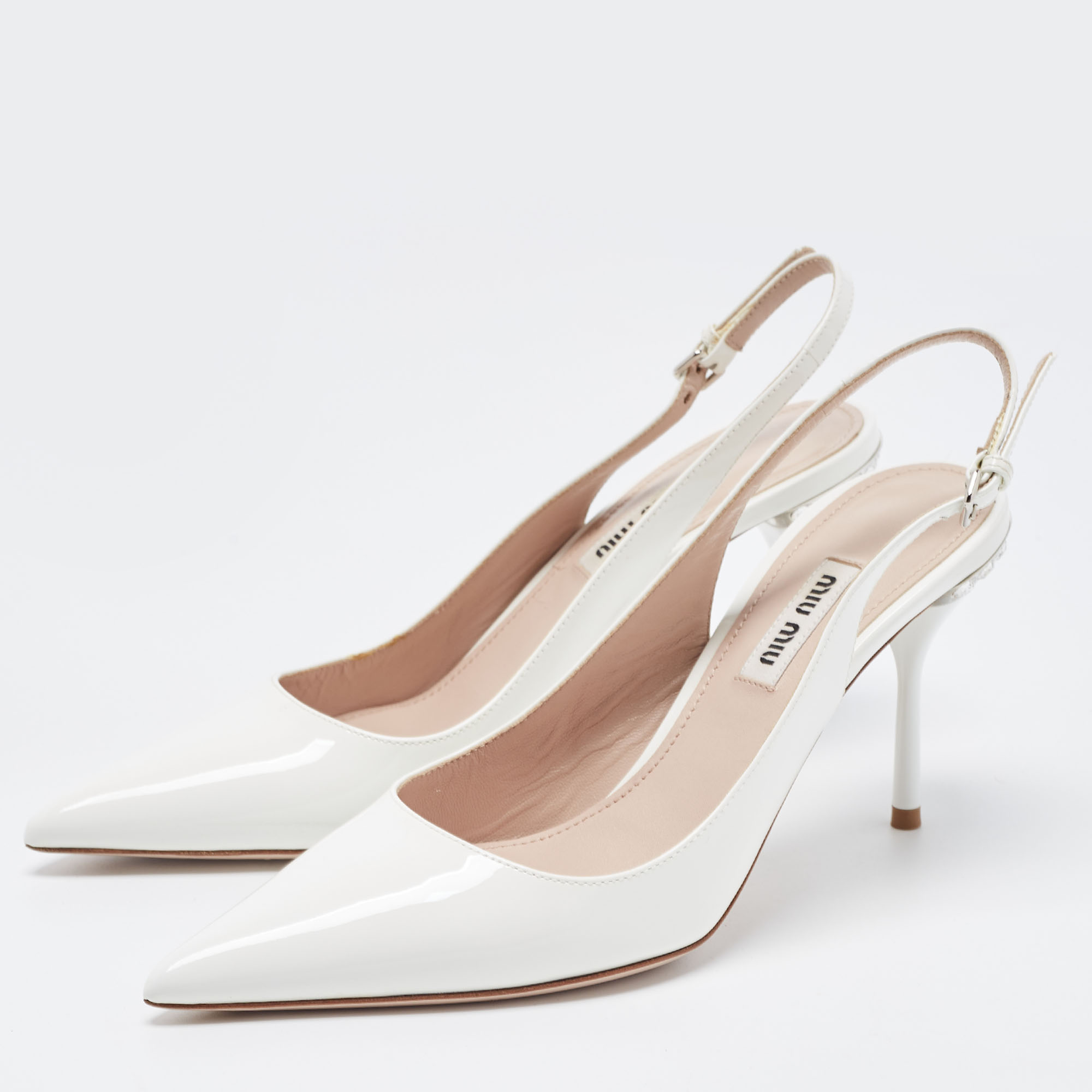 

Miu Miu White Patent Leather Pointed Toe Slingback Pumps Size