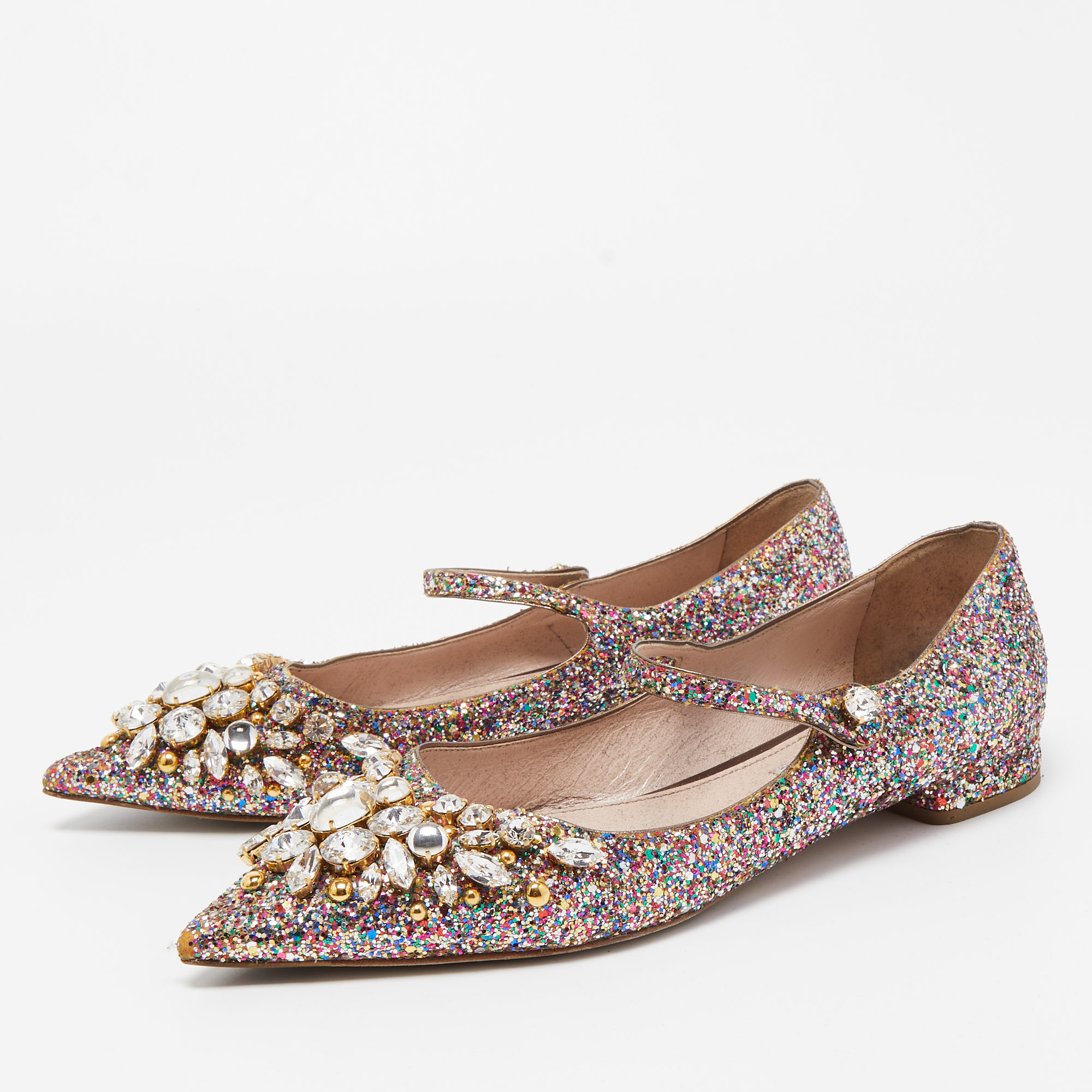 

Miu Miu Multicolor Coarse Glitter Crystal Embellished Mary Jane Ballet Flats Size