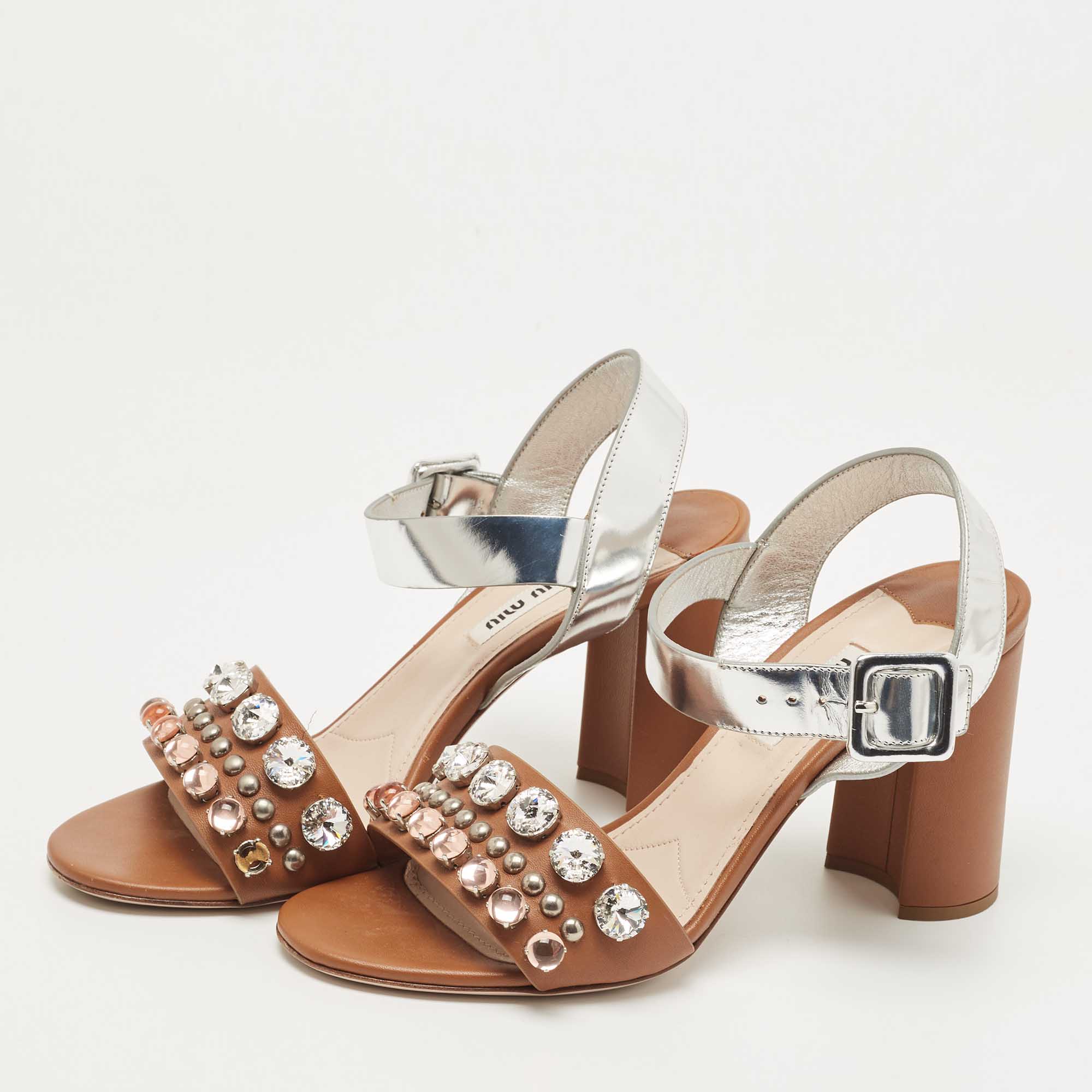 

Miu Miu Brown/Silver Leather Crystal Embellished Ankle Strap Sandals Size