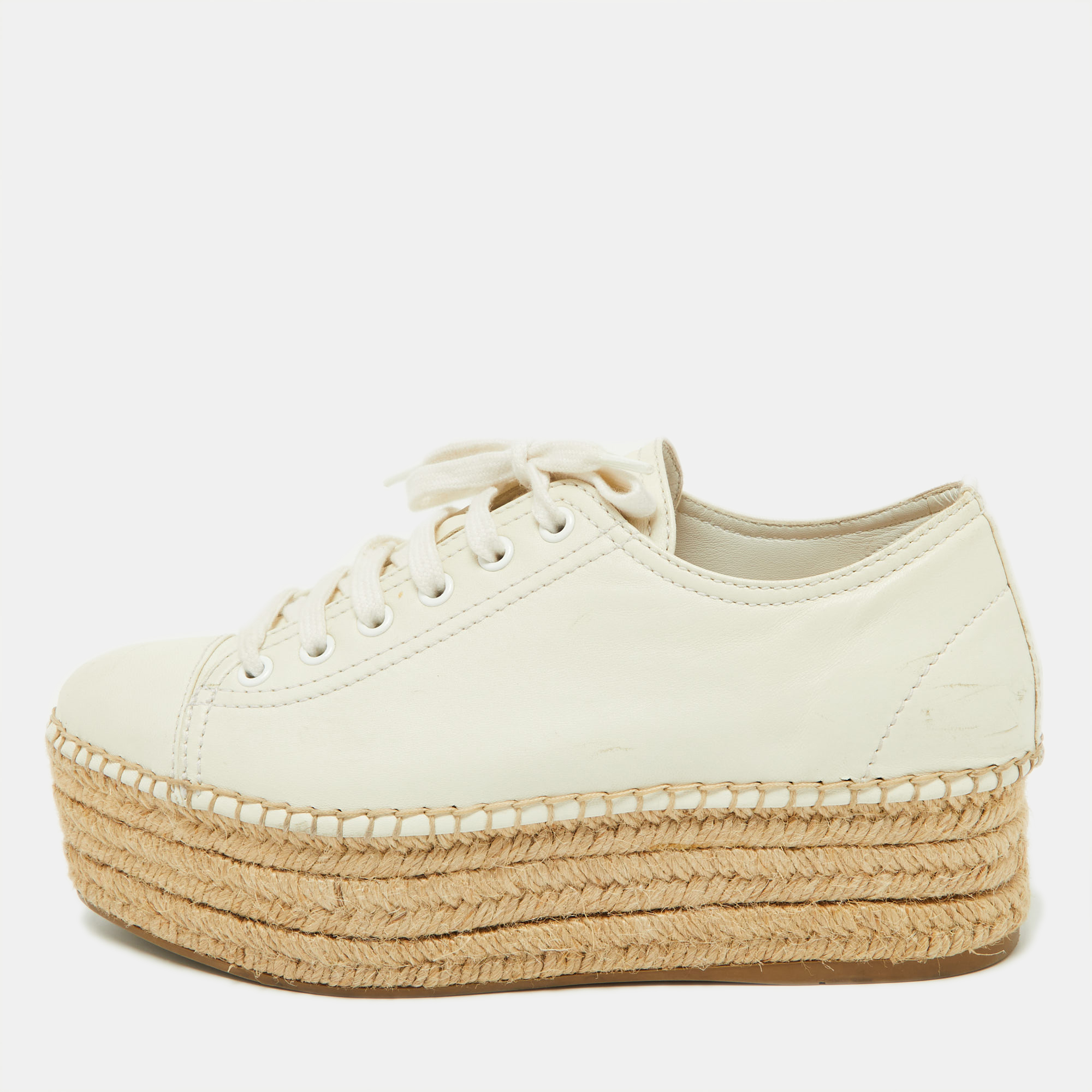 Pre-owned Miu Miu Off White Leather Espadrille Platform Trainers Size 36