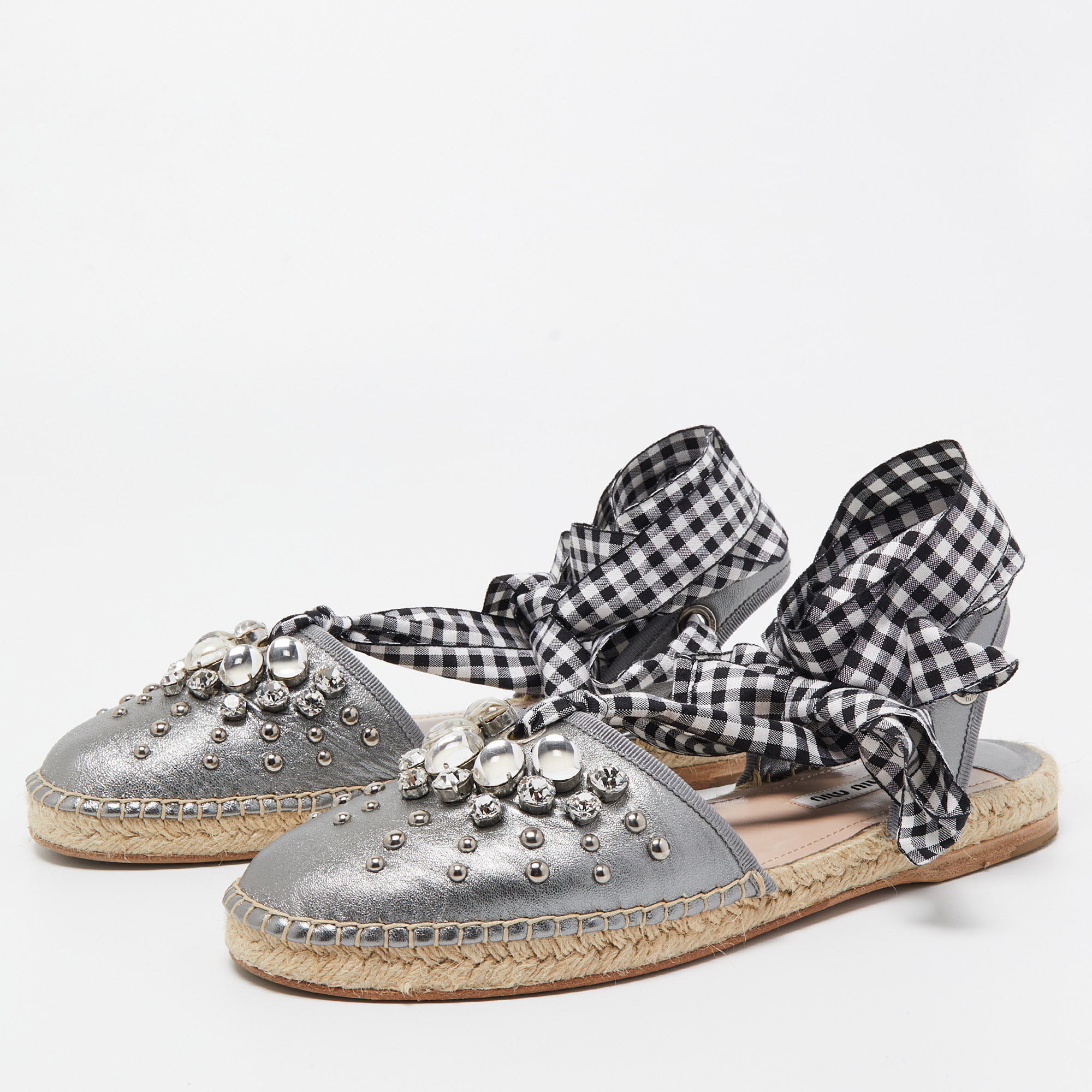 

Miu Miu Metallic Grey Leather Crystal Embellished Espadrille Ankle Strap Flat Sandals Size