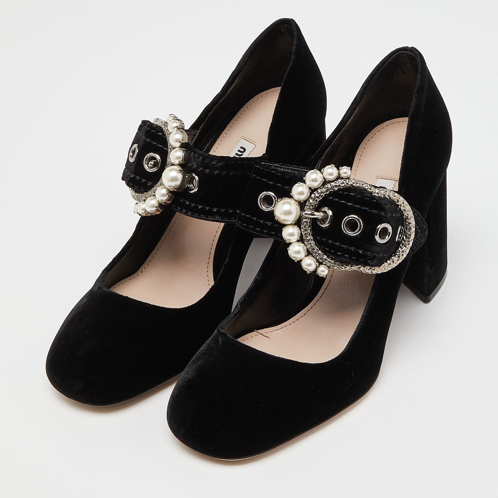 

Miu Miu Black Velvet Pearl Embellished Mary Jane Pumps Size