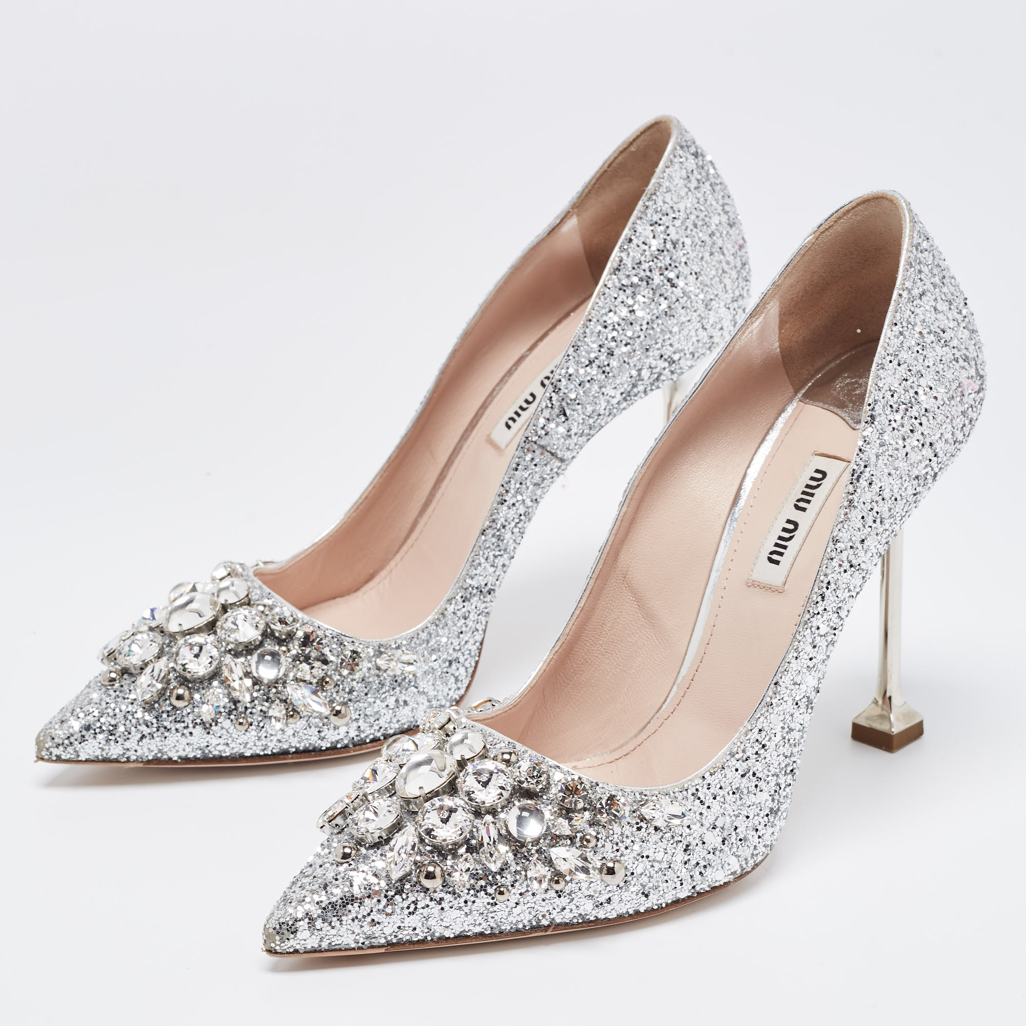 

Miu Miu Silver Studded Glitter Crystal Embellished Pointed-Toe Pumps Size