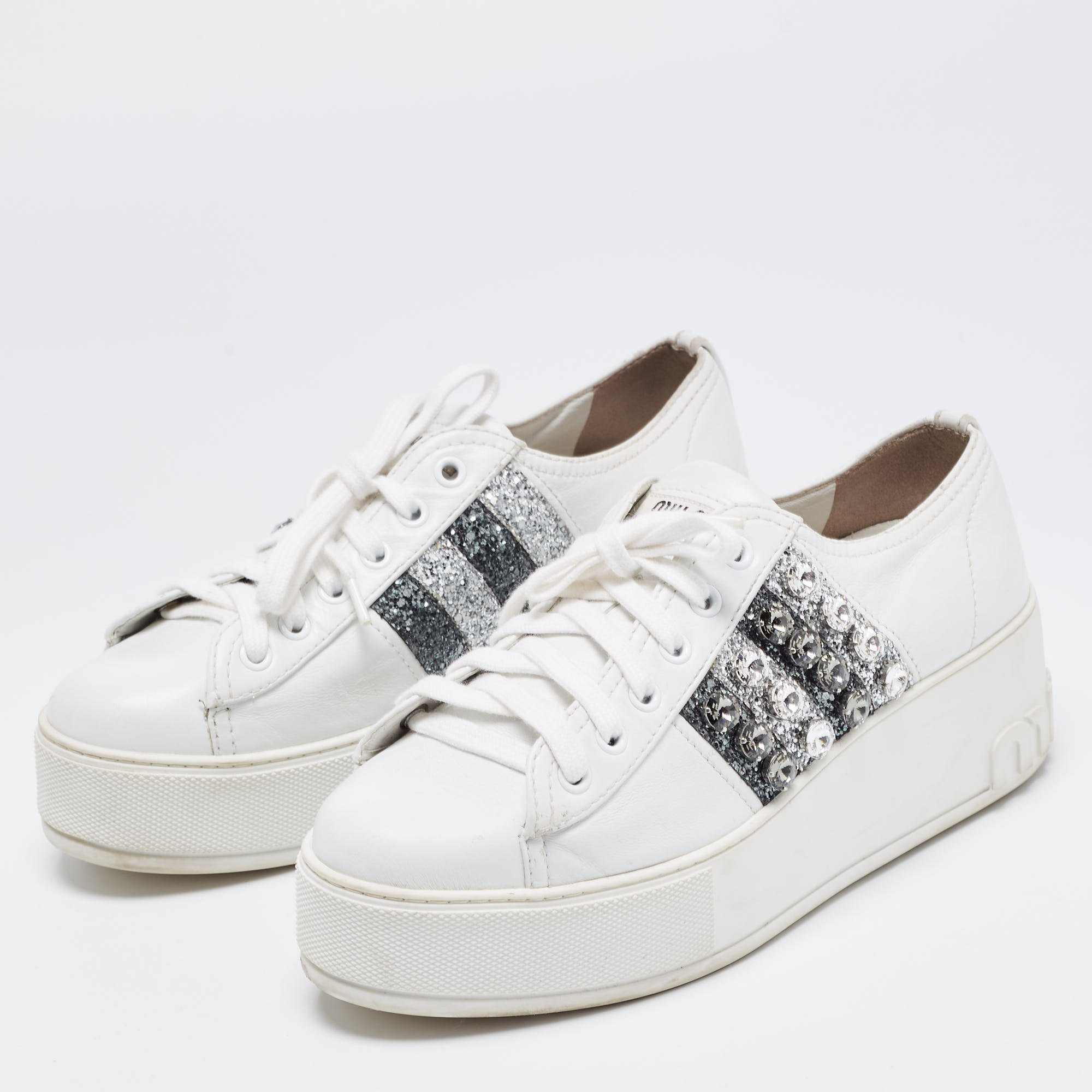 

Miu Miu White Leather Crystal Embellished Platform Sneakers Size