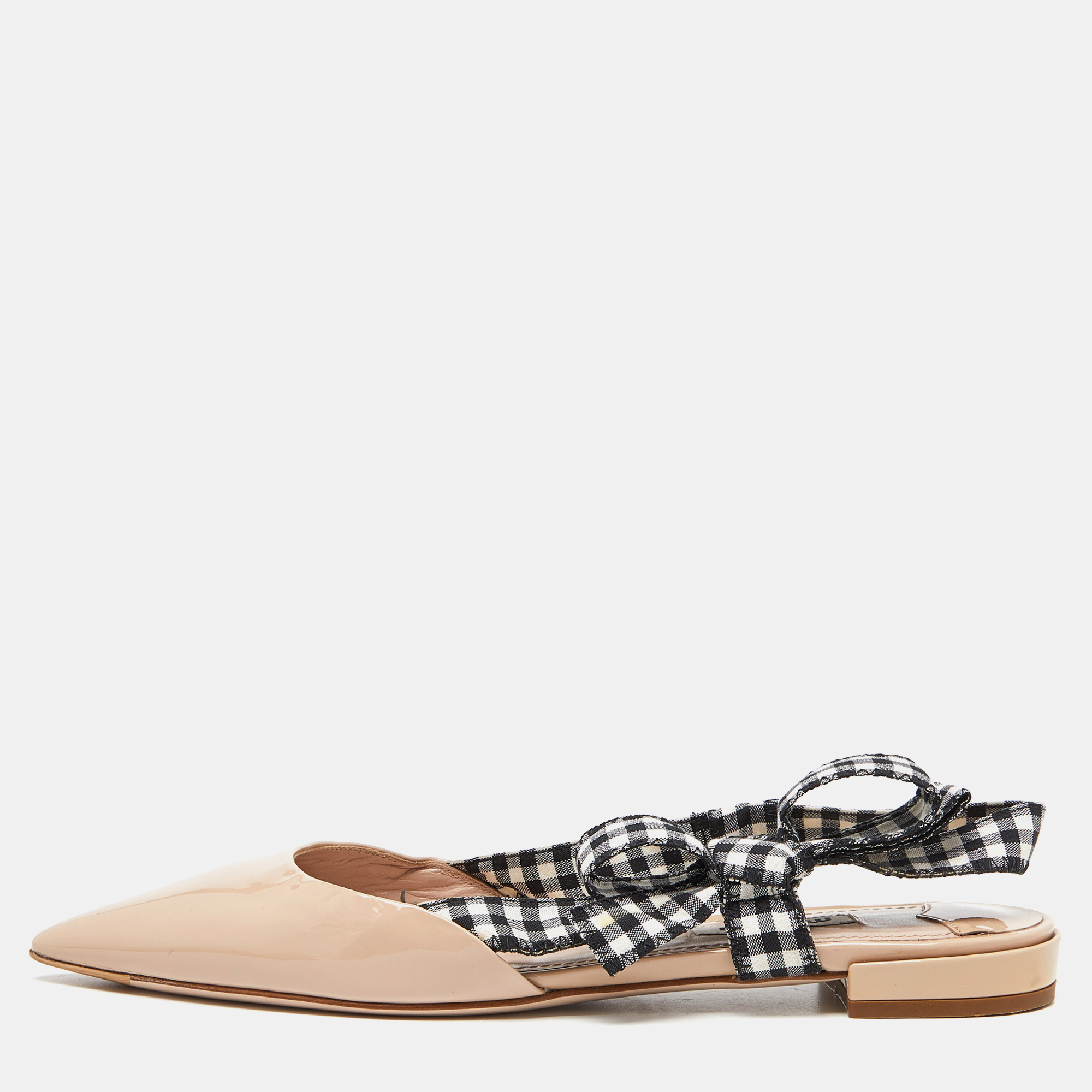 

Miu Miu Beige Patent Leather and Gingham Fabric Bow Slingback Flats Size