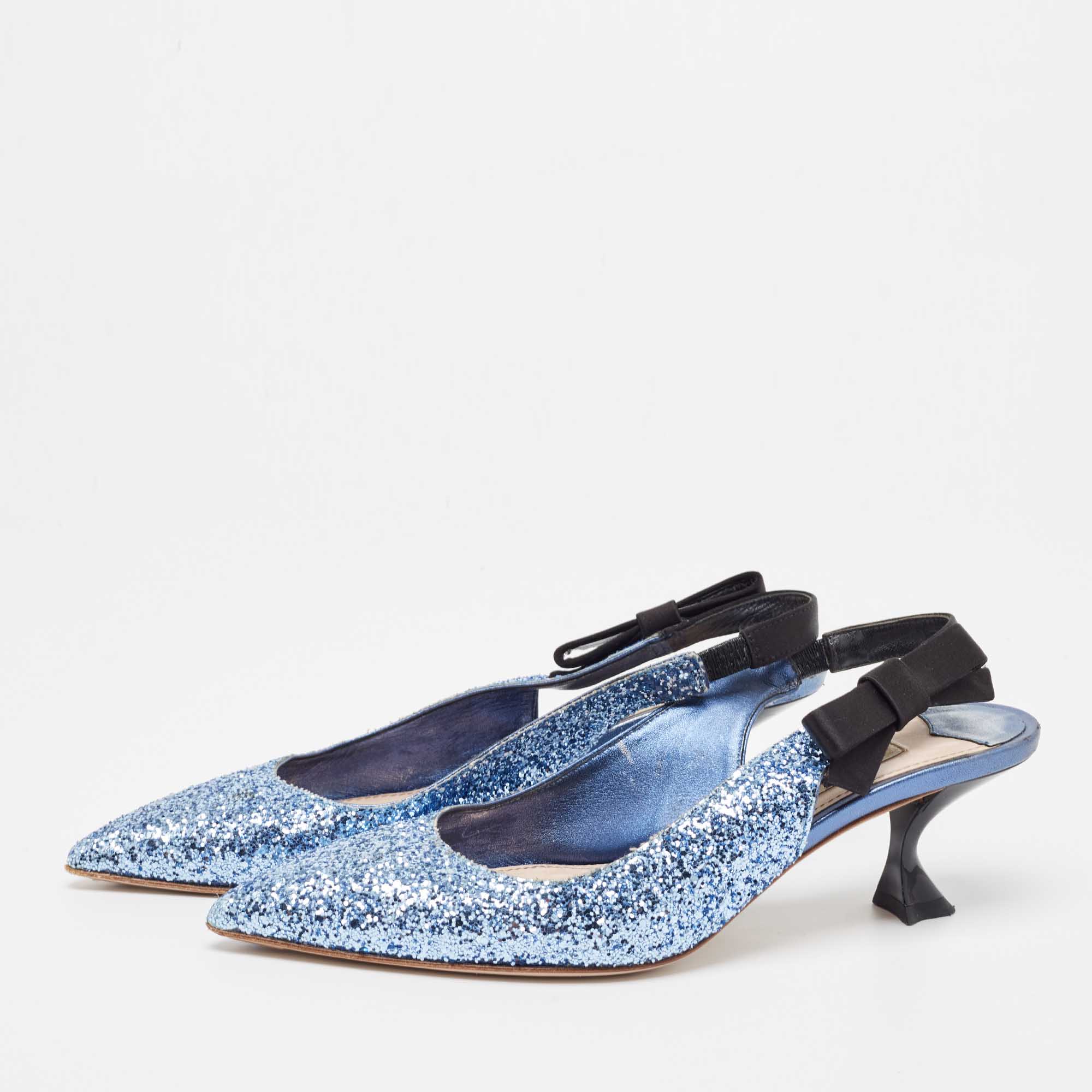 

Miu Miu Blue Coarse Glitter Bow Slingback Pumps Size