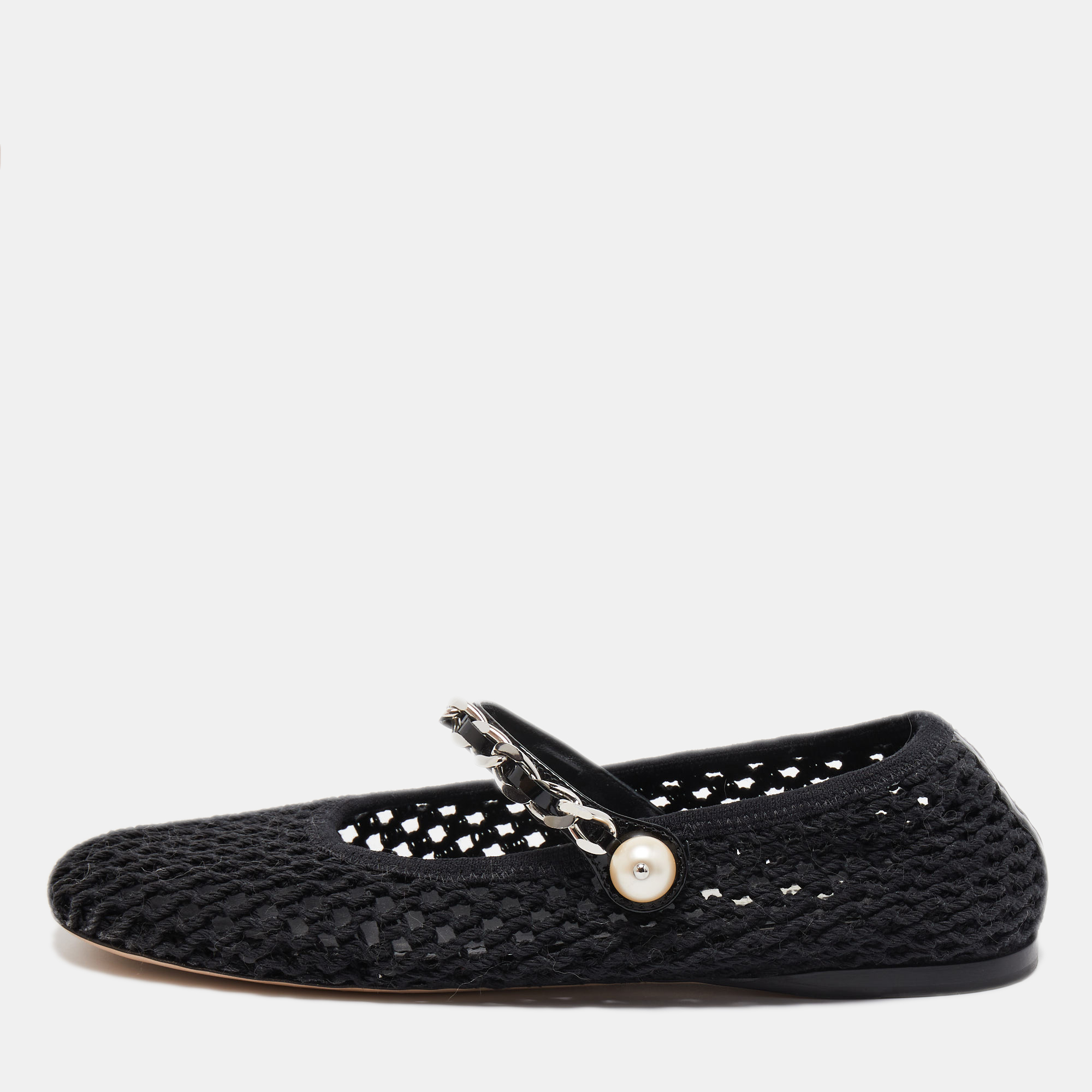 Miu Miu Black Mesh Mary Jane Pearl Chain Embellished Ballet Flats Size 38