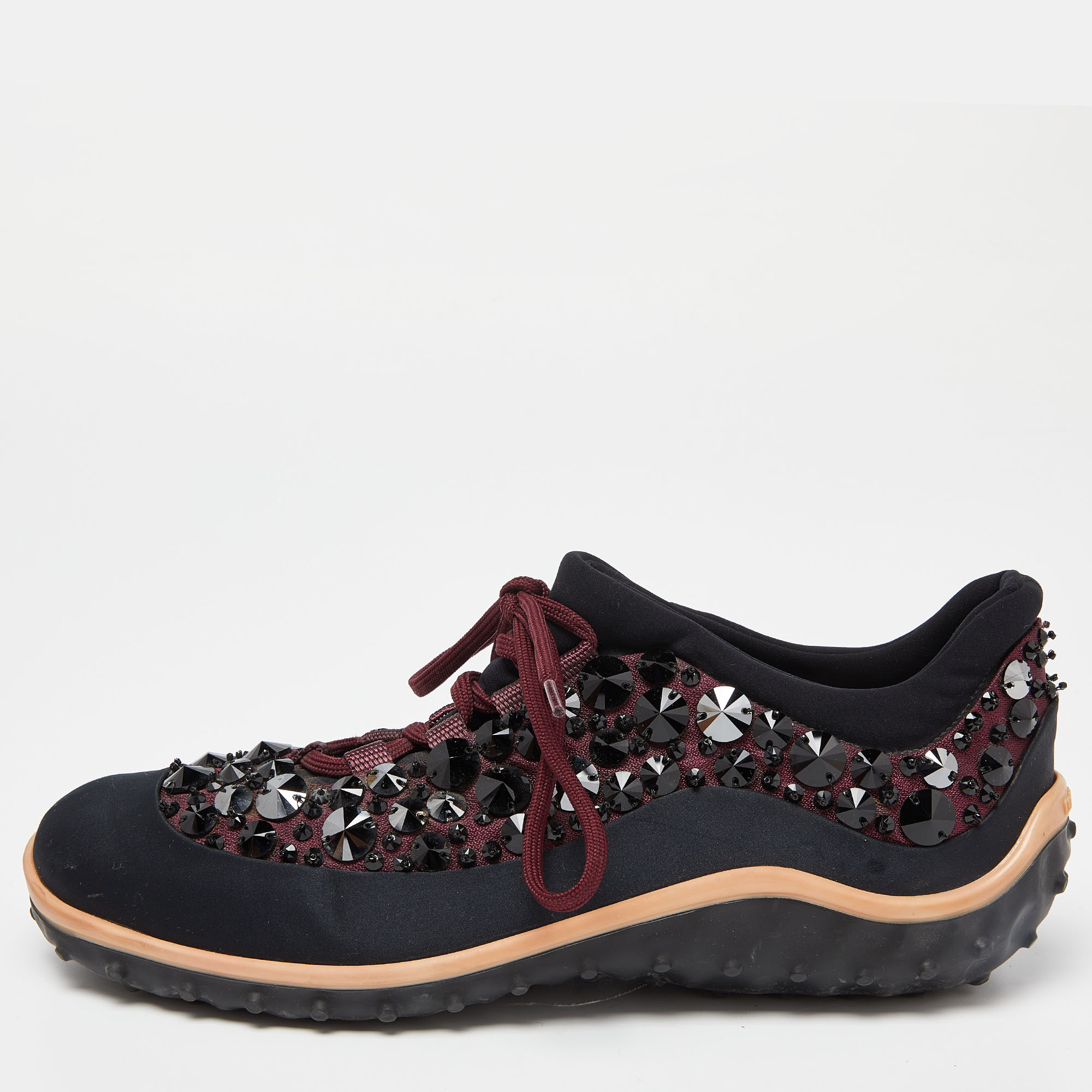 Pre-owned Miu Miu Black/burgundy Embellished Fabric And Satin Astro Sneakers Size 39
