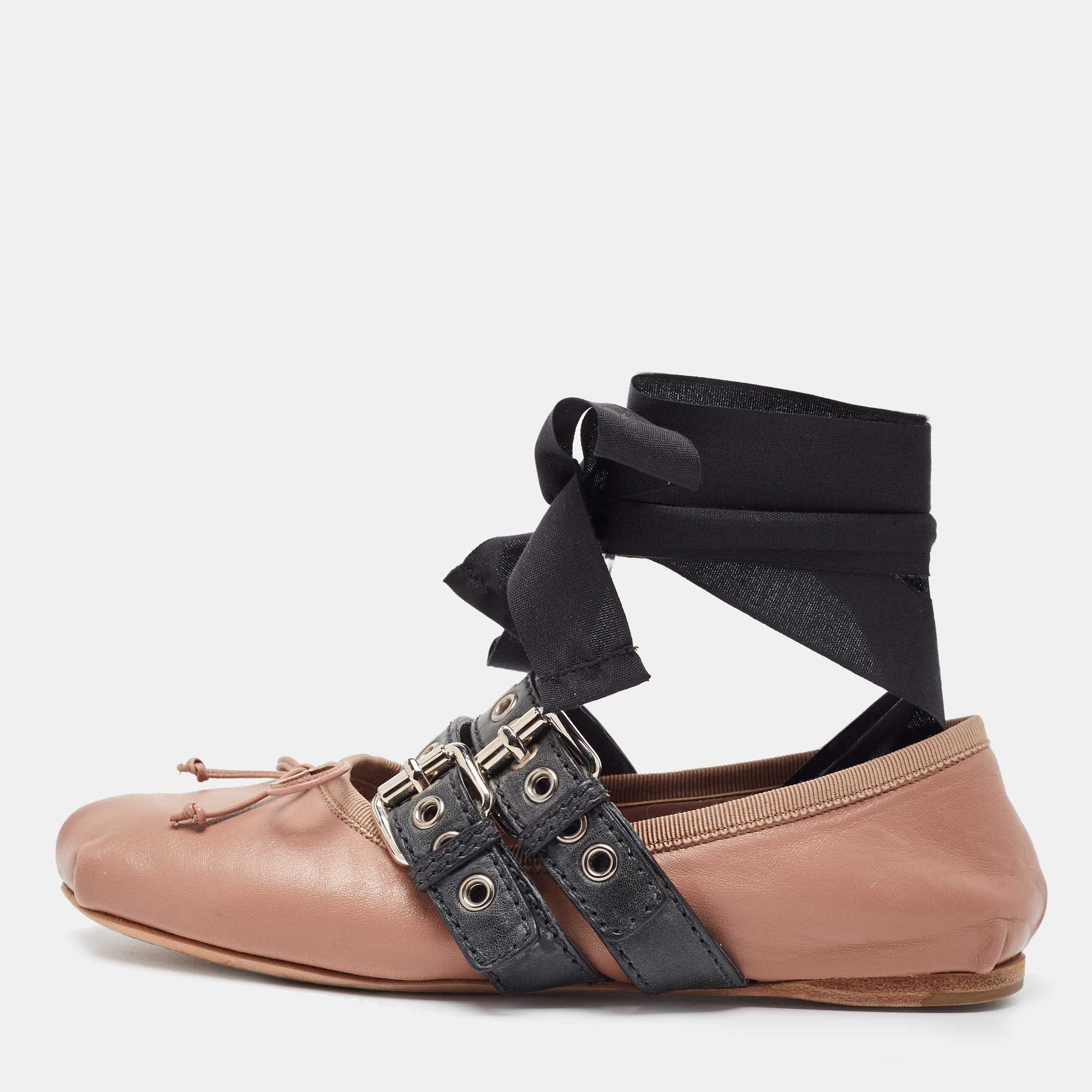 

Miu Miu Dusty Pink and Black Leather Buckle Detail Bow Ballet Flats Size