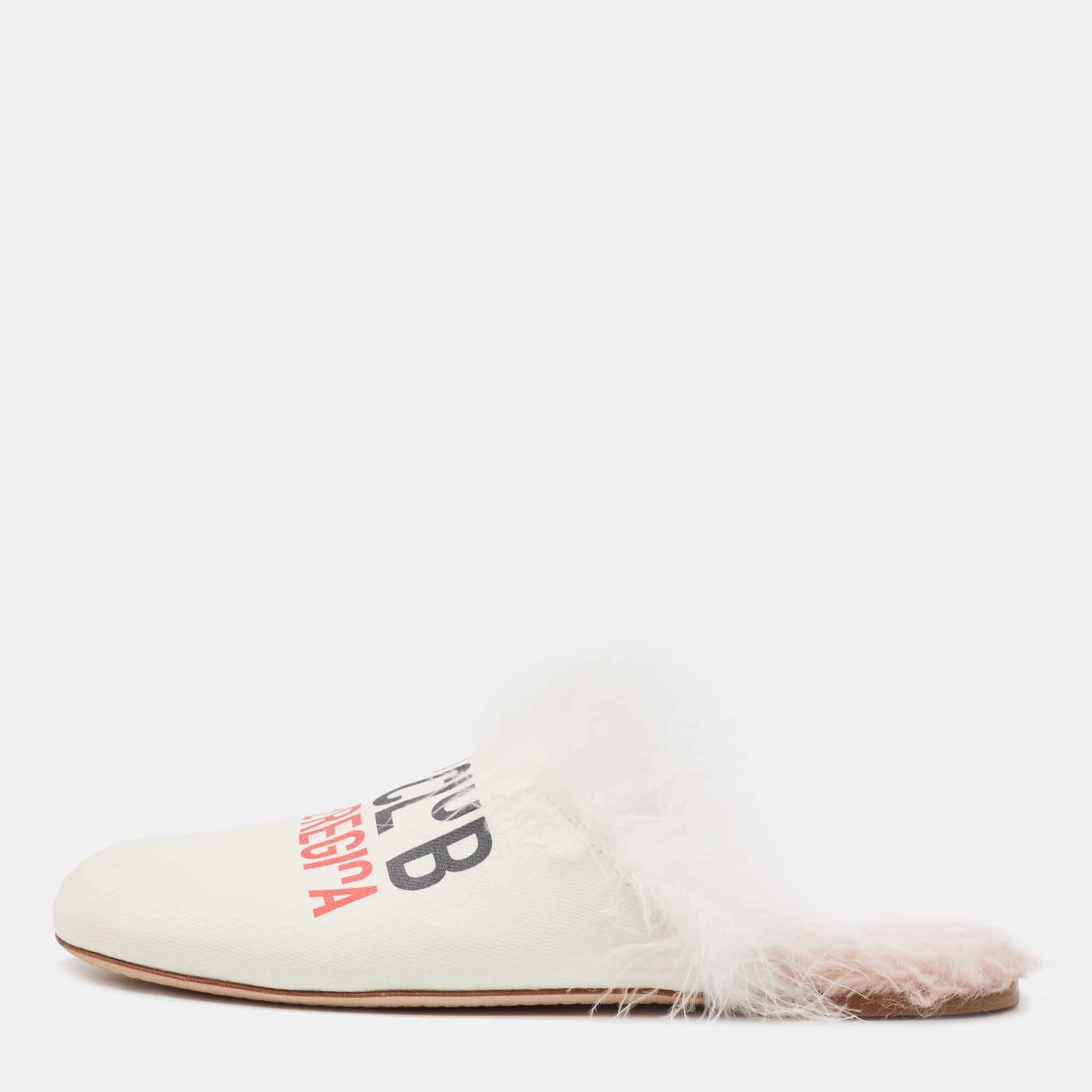 Miu Miu White Canvas And Fur Mule Flats Size 39