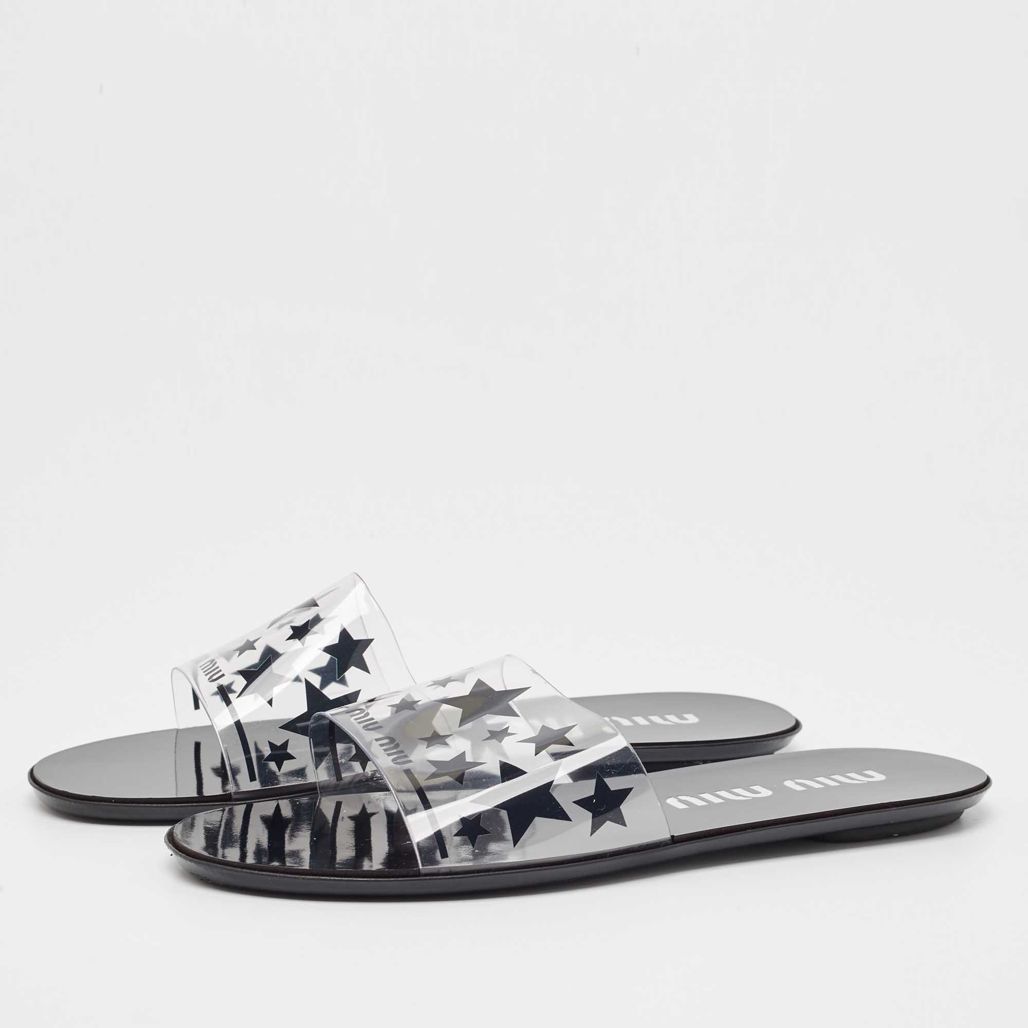 

Miu Miu Black/Transparent PVC Star Print Flat Slide Sandals Size
