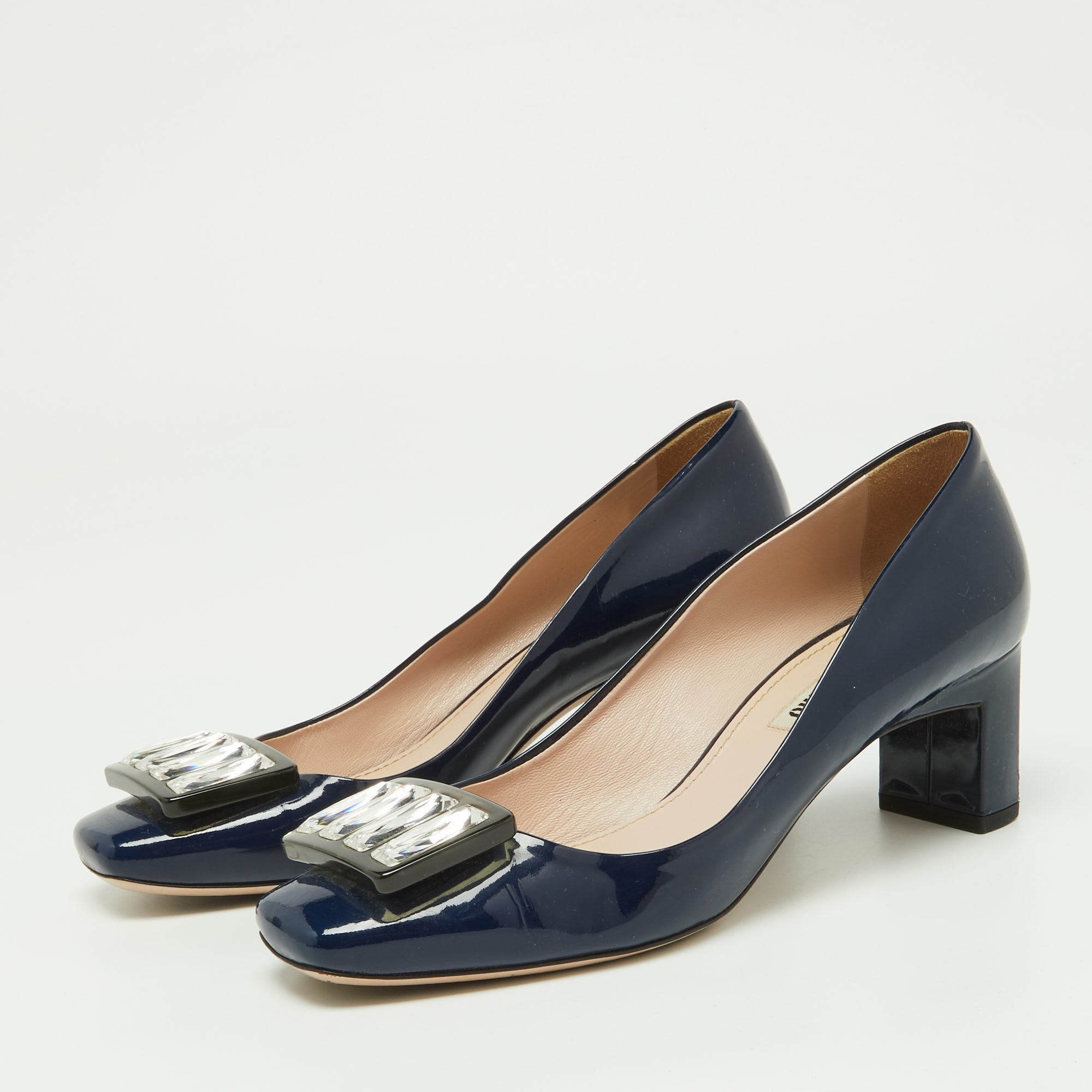 

Miu Miu Blue Patent Leather Crystal Embellished Pumps Size