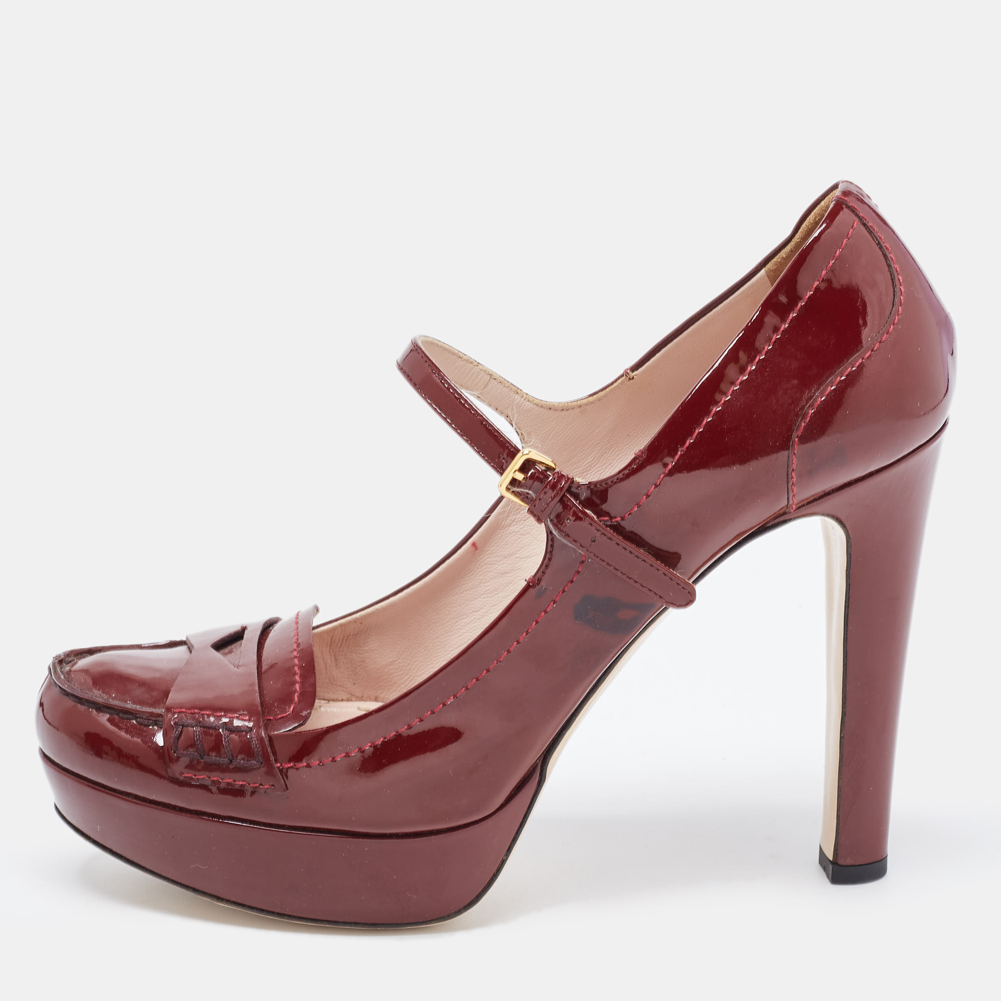 Pre-owned Miu Miu Burgundy Patent Leather Penny Loafer Platform Pumps Size 39.5