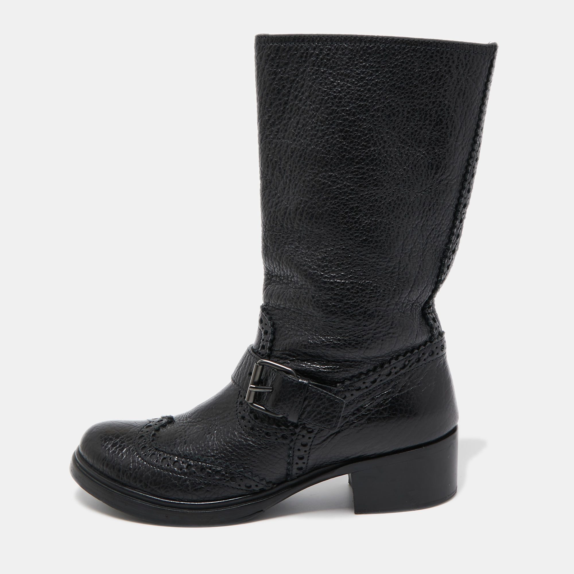 

Miu Miu Black Brogue Leather Buckle Detail Mid Calf Boots Size