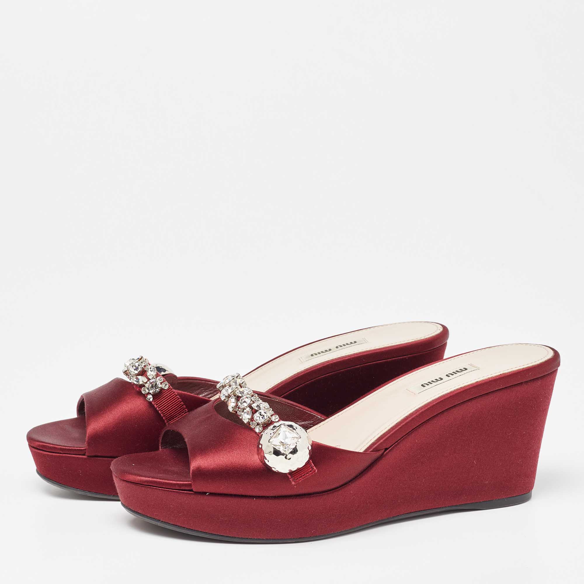 

Miu Miu Burgundy Satin Crystal Embellished Wedge Platform Slide Sandals Size