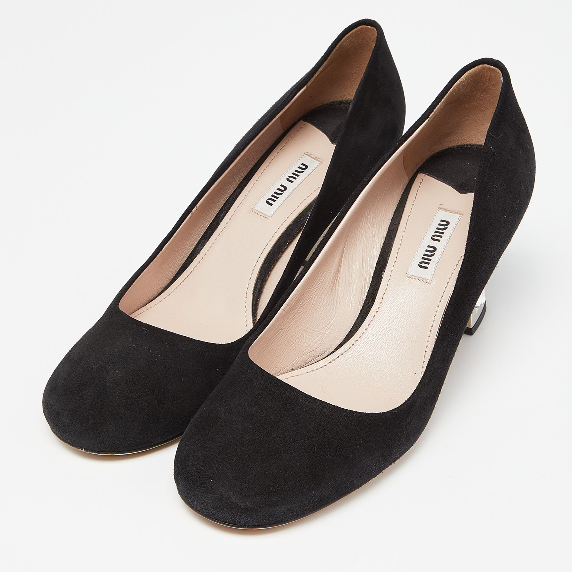 

Miu Miu Black Suede Crystal Embellished Block Heel Pumps Size