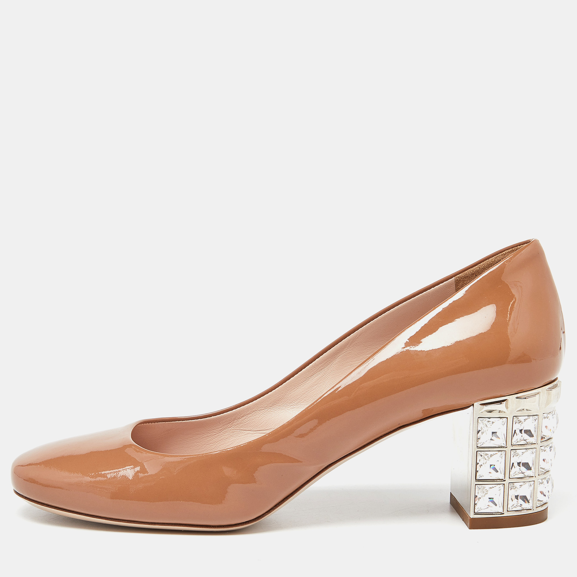 

Miu Miu Beige Patent Leather Crystal Embellished Block Heel Pumps Size