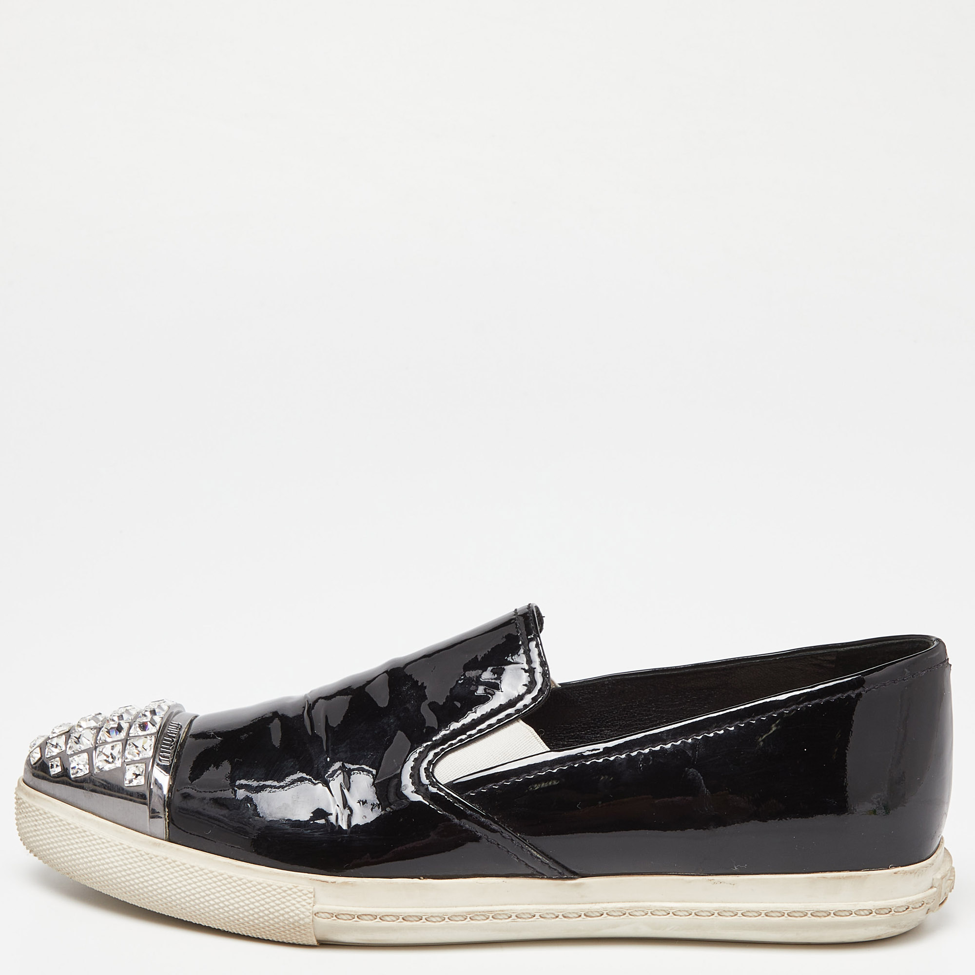 Pre-owned Miu Miu Black Patent Leather Crystals Embellished Slip On Loafers Size 37