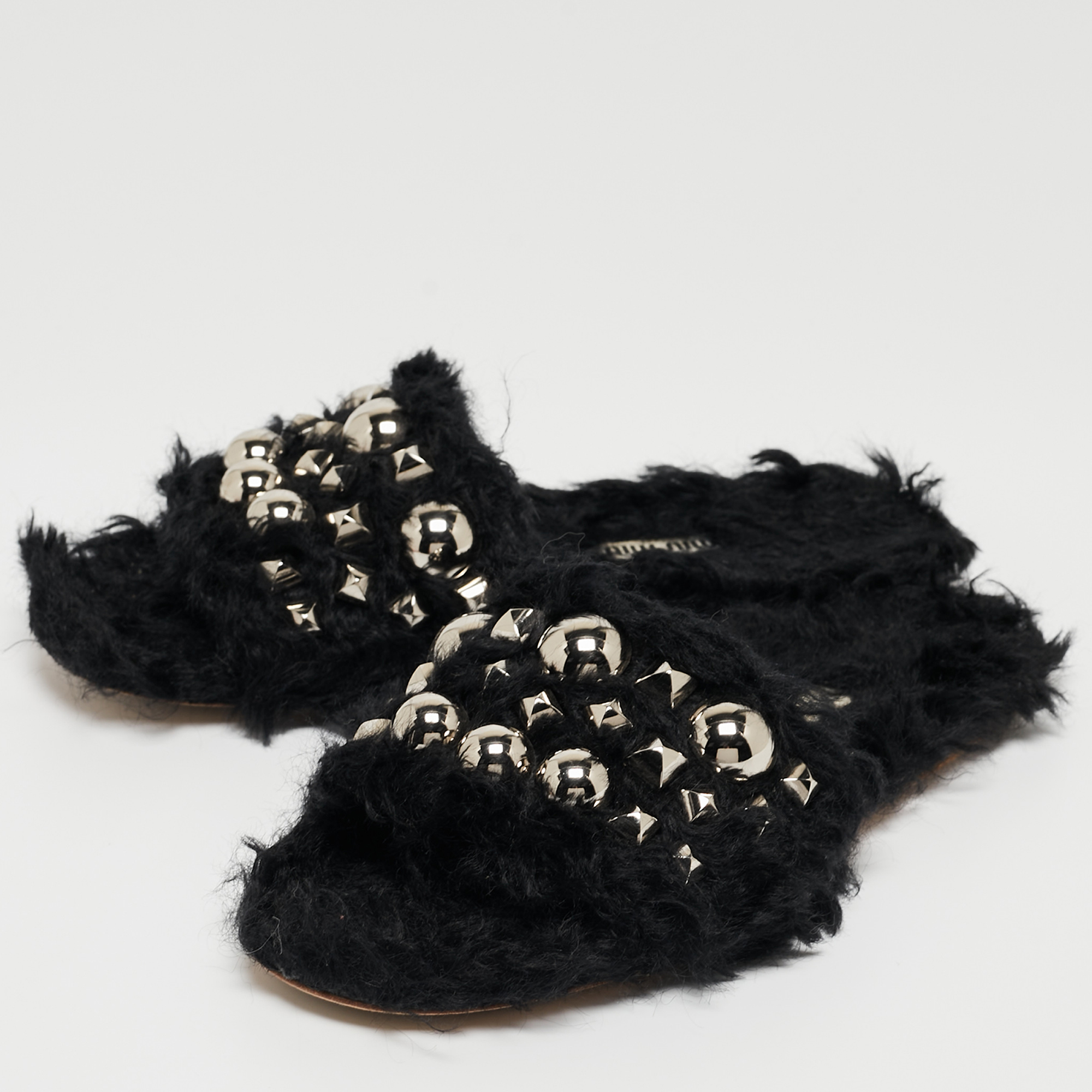 

Miu Miu Black Fur Crystal Embellished Flat Slides Size