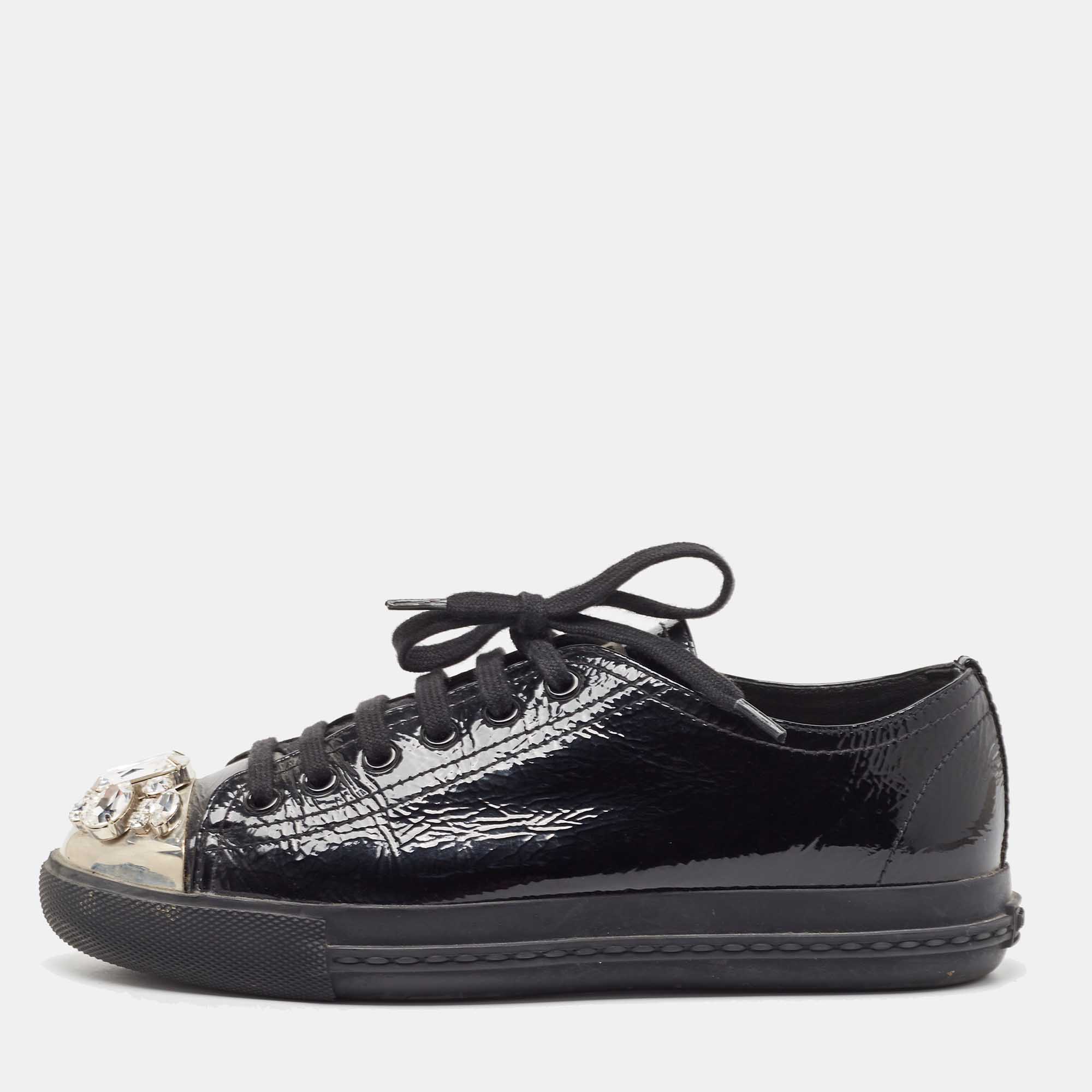 Pre-owned Miu Miu Black Patent Leather Crystal Studded Sneakers Size 37