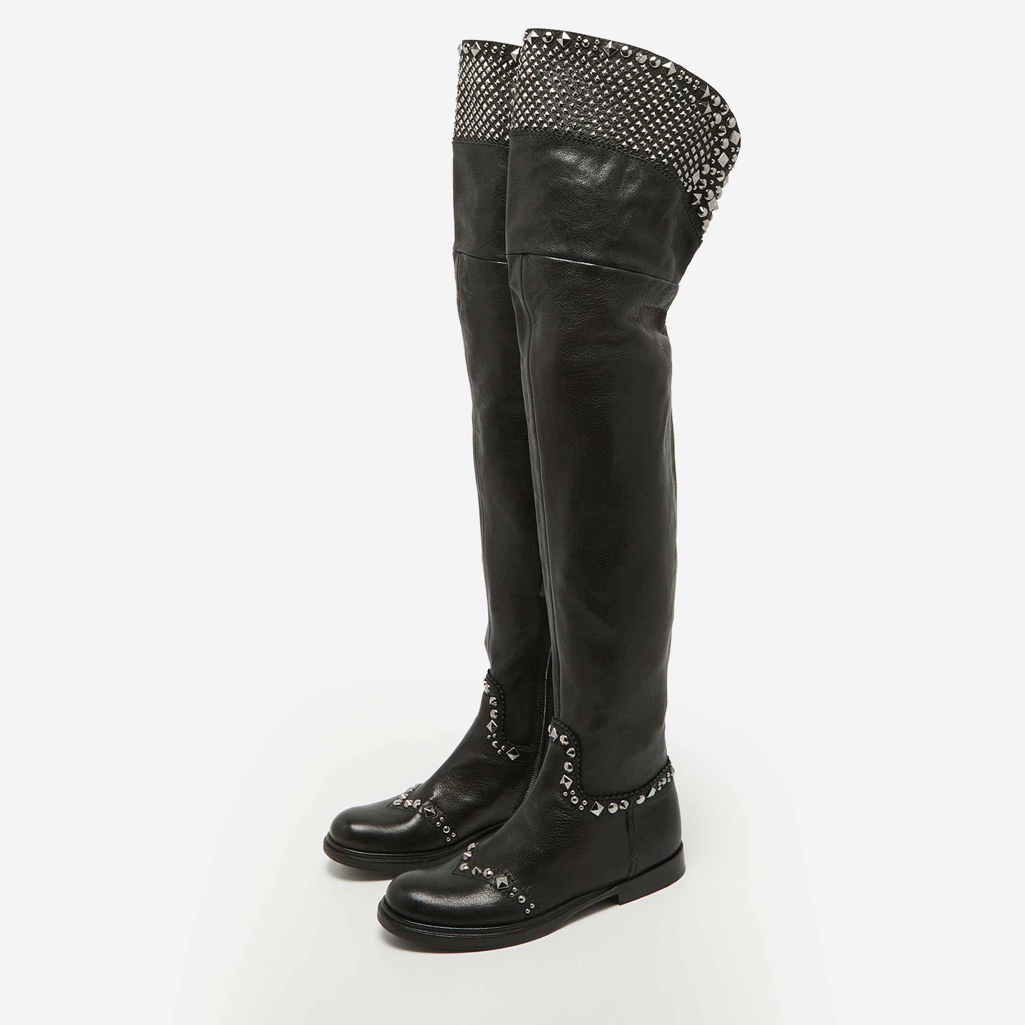

Miu Miu Black Leather Stud Embellished Over The Knee Boots Size