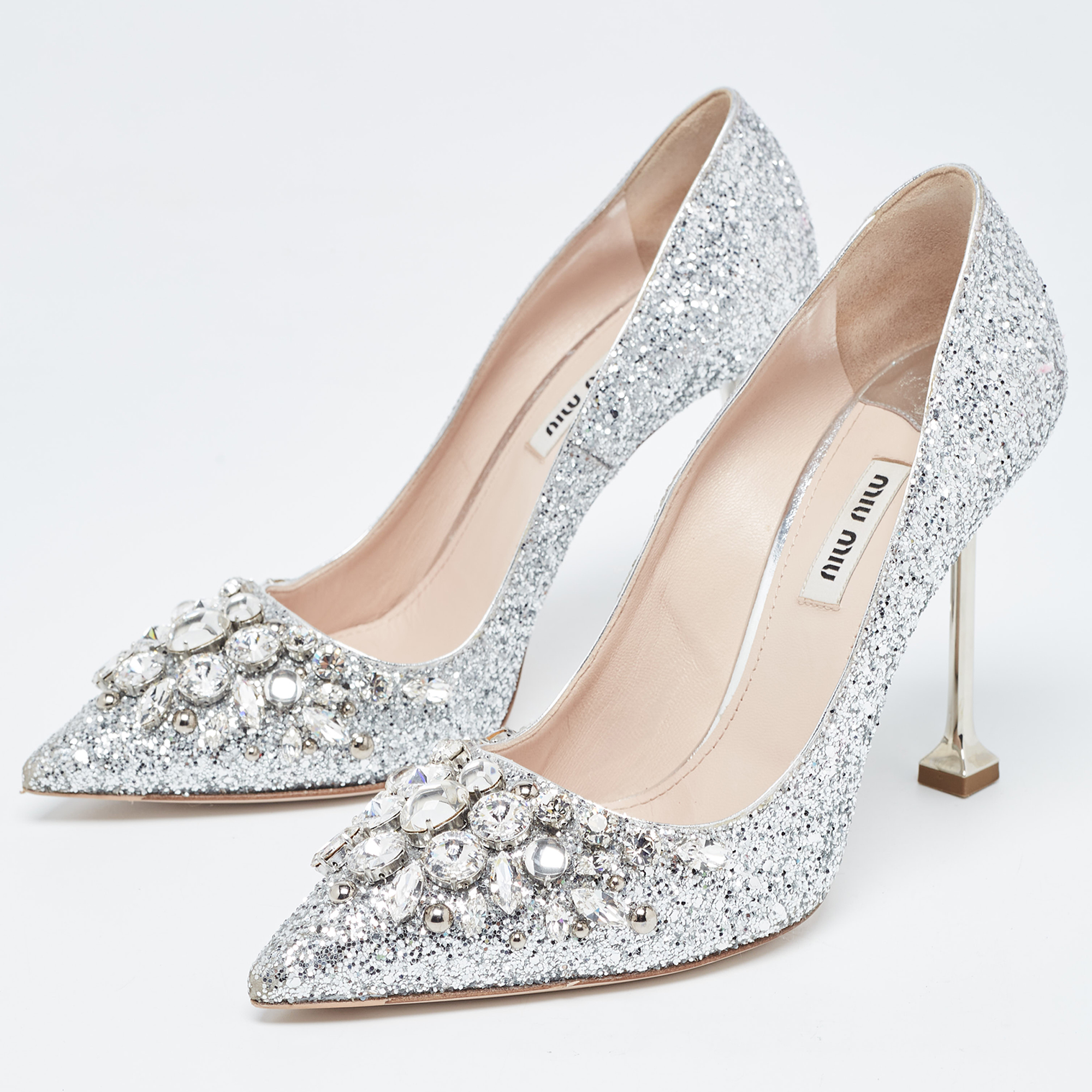

Miu Miu Silver Glitter Crystal Embellished Pointed Toe Pumps Size