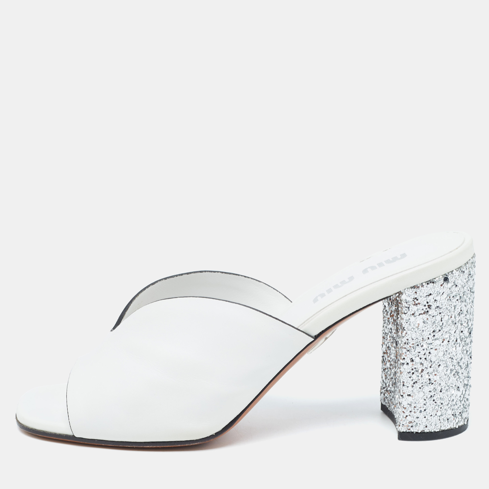Miu Miu White Leather Glitter Block Heel Slide Sandals Size 40.5