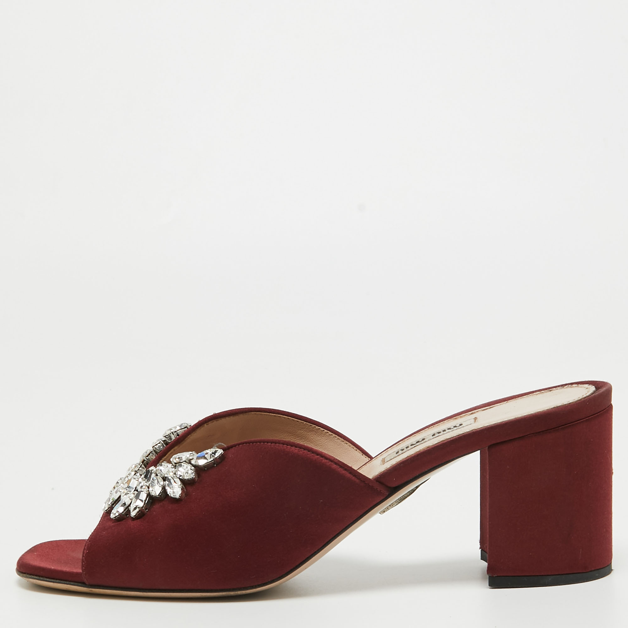 

Miu Miu Burgundy Satin Crystal Embellished Slide Sandals Size