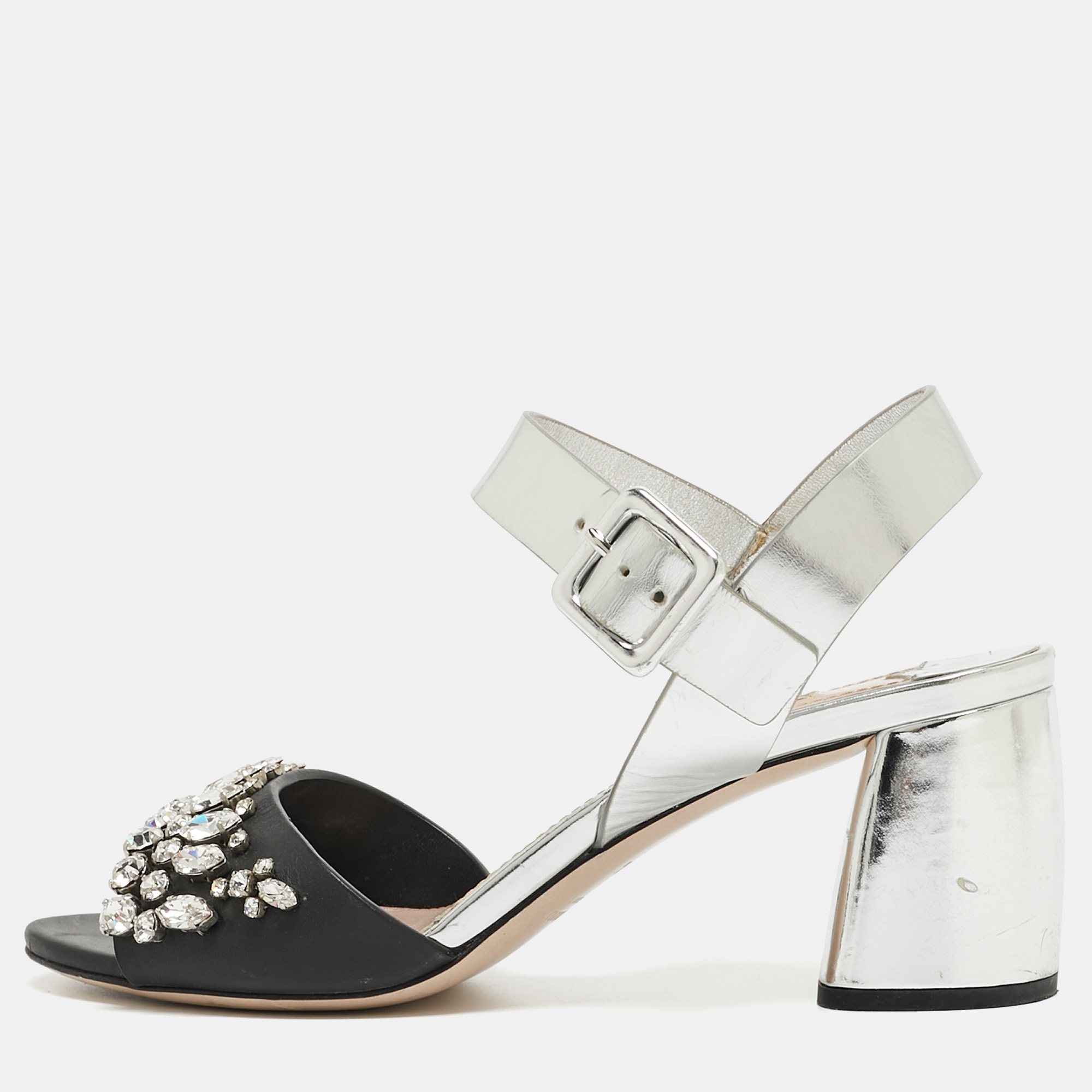 Pre-owned Miu Miu Silver/black Leather Crystal Embellished Ankle Strap Sandals Size 35.5