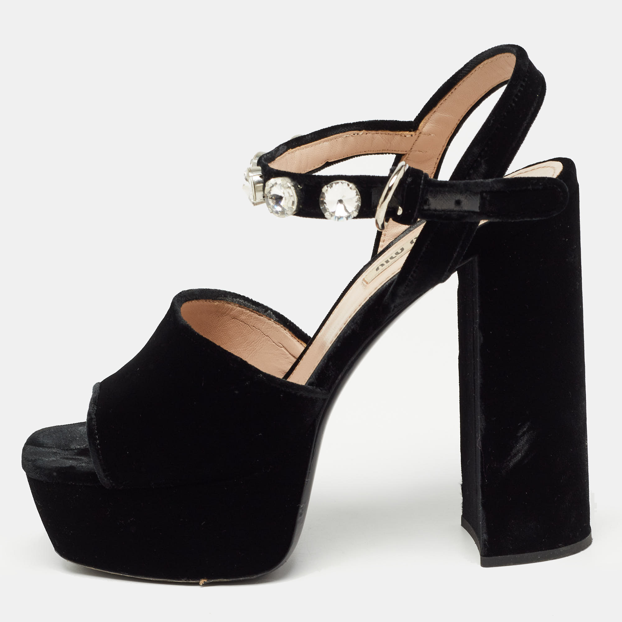 

Miu Miu Black Suede Crystal Embellished Heel Ankle Strap Platform Sandals Size