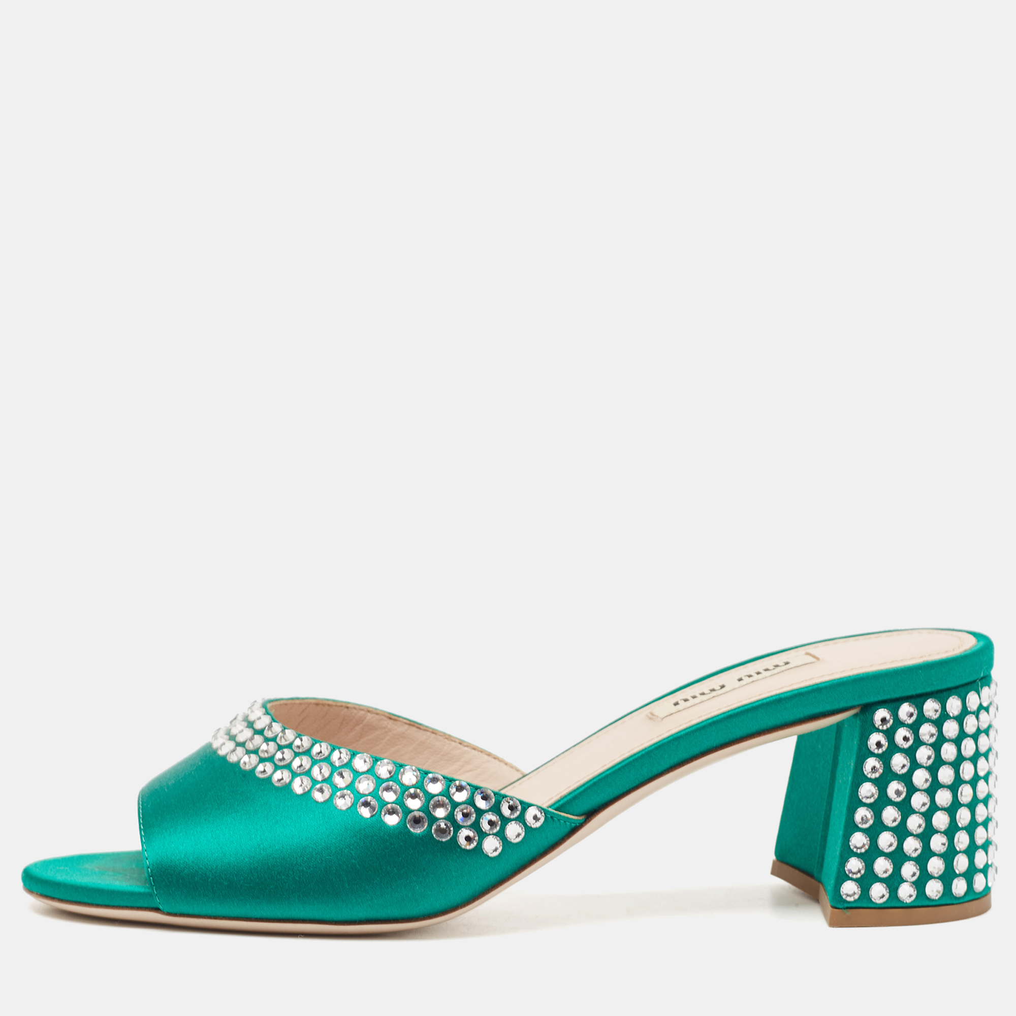 

Miu Miu Green Satin Crystals Embellished Slide Sandals Size