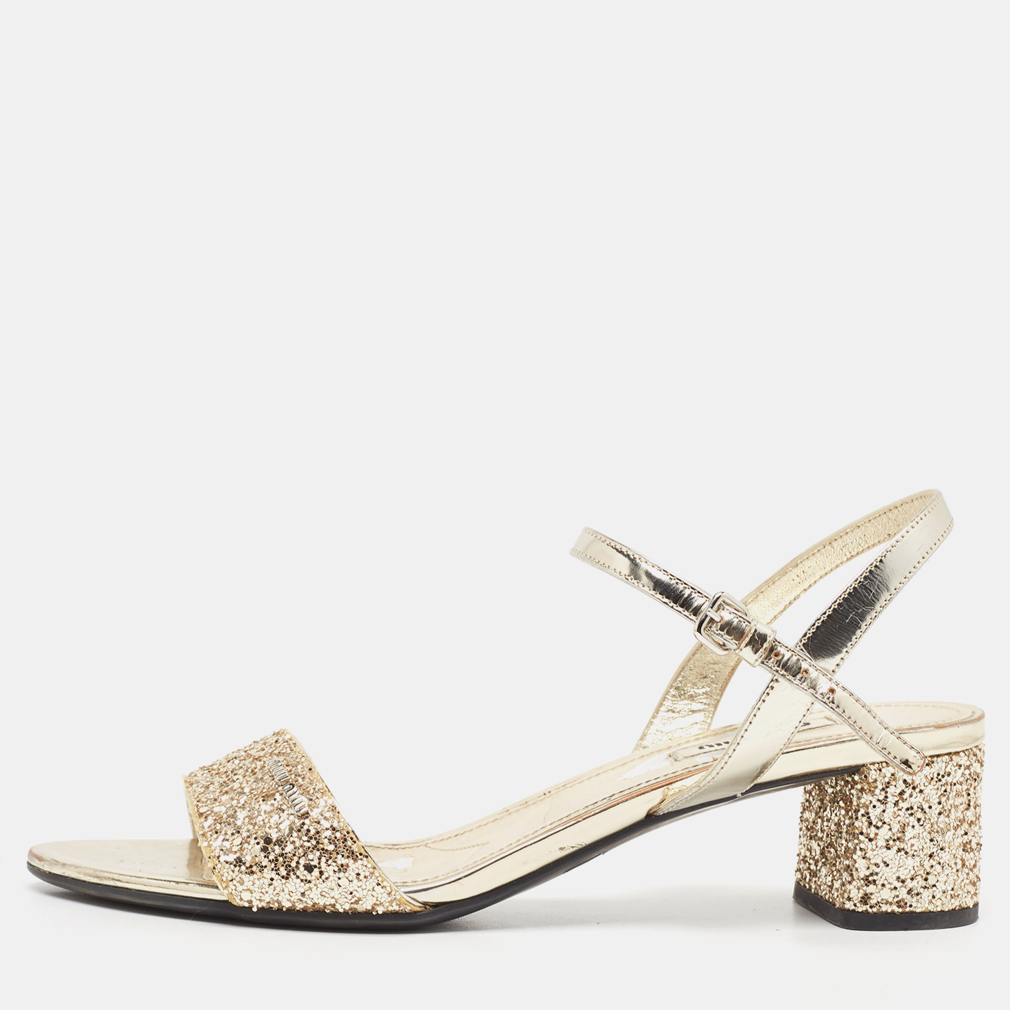 

Miu Miu Gold Coarse Glitter and Patent Ankle Strap Sandals Size