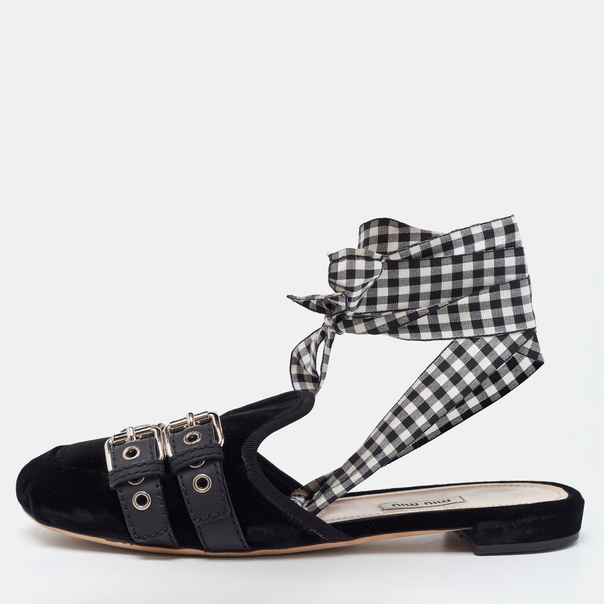 

Miu Miu Black Velvet and Leather Strappy Flat Mules Size