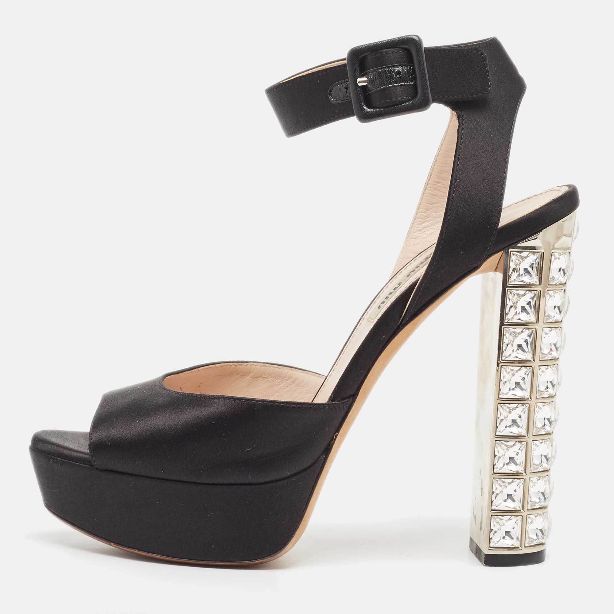 Miu Miu Black Satin Ankle Strap Crystal Heel Sandals Size 38