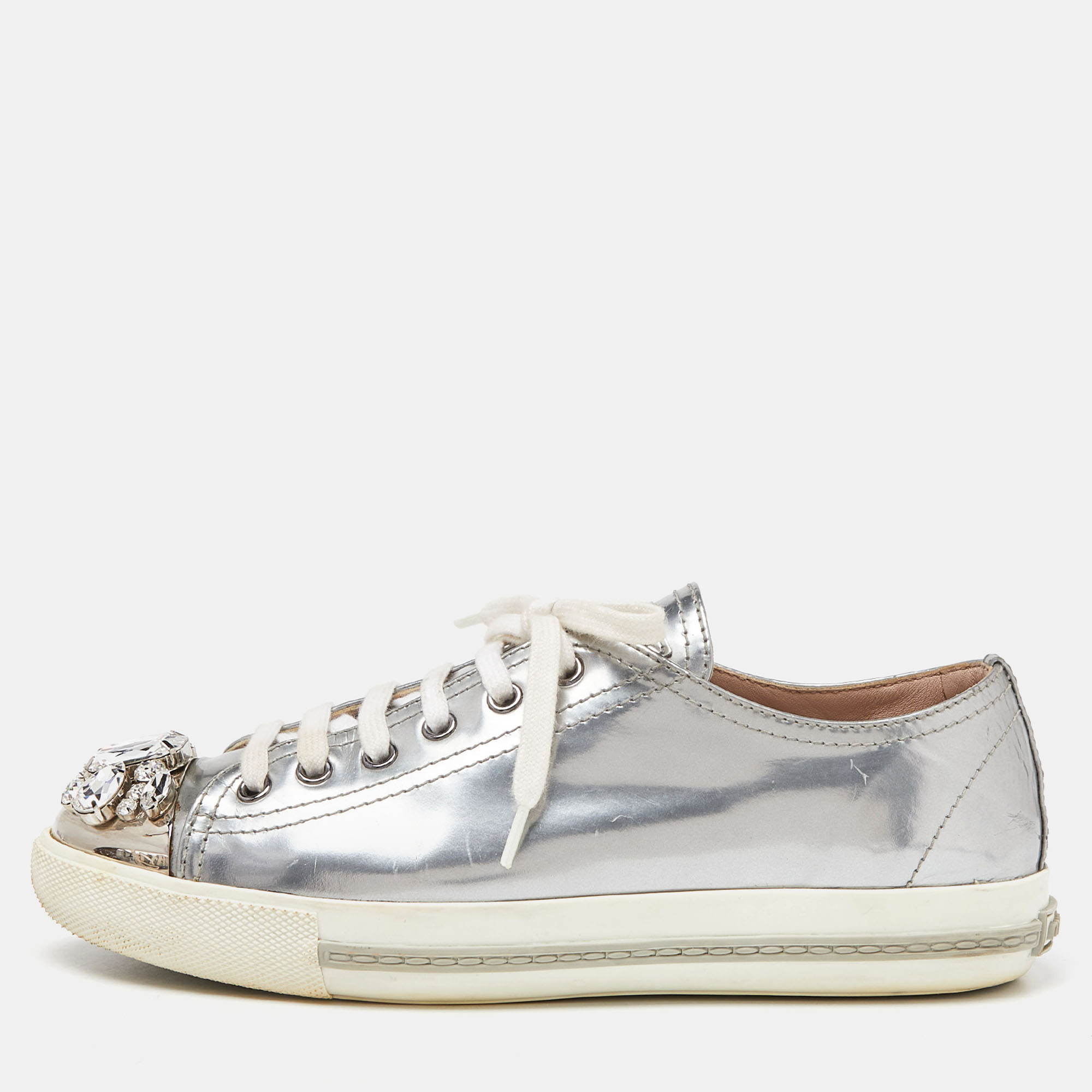 Pre-owned Miu Miu Silver Patent Leather Crystal Embellished Cap-toe Low-top Trainers Size 38.5