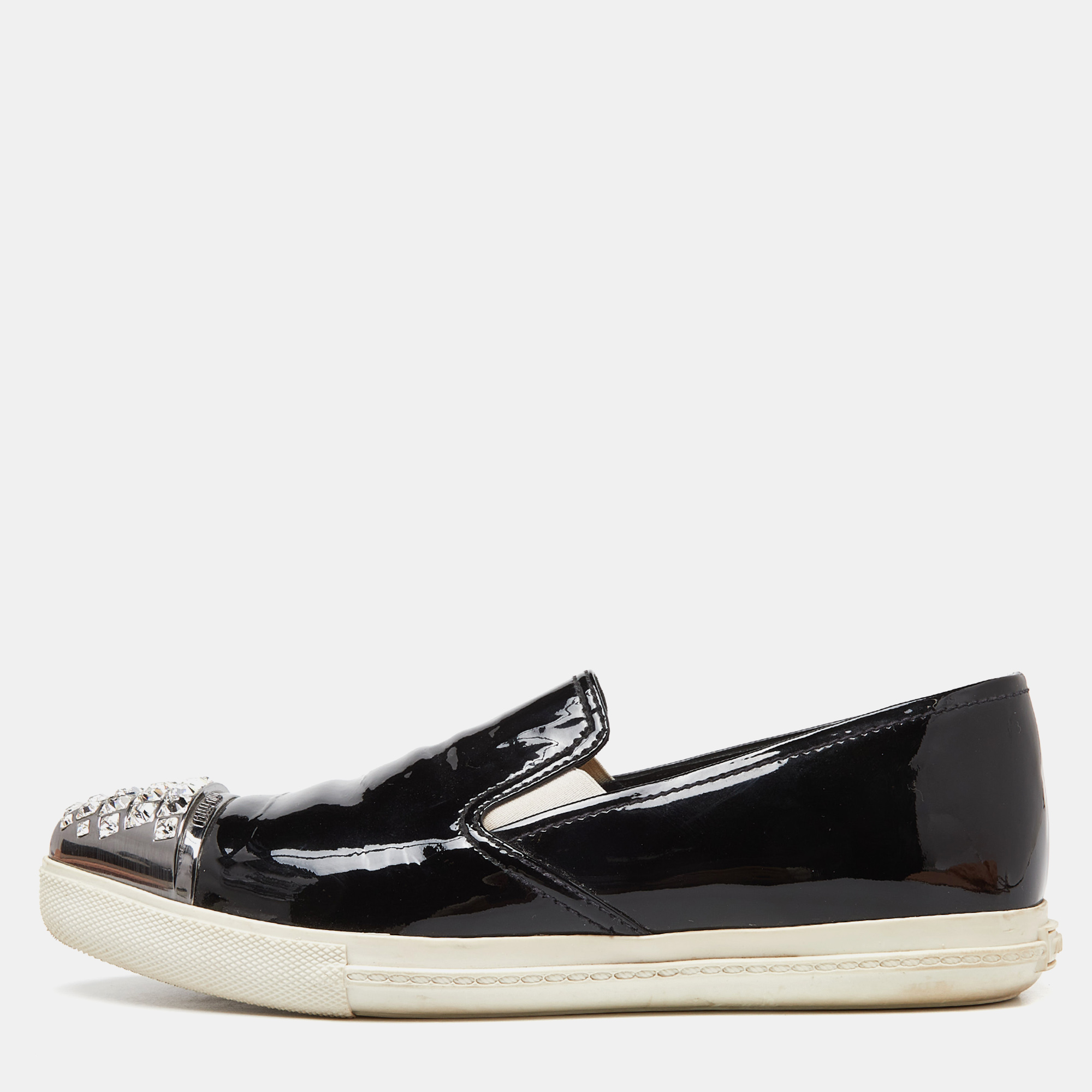 Pre-owned Miu Miu Black Patent Leather Crystals Embellished Slip On Loafers Size 38