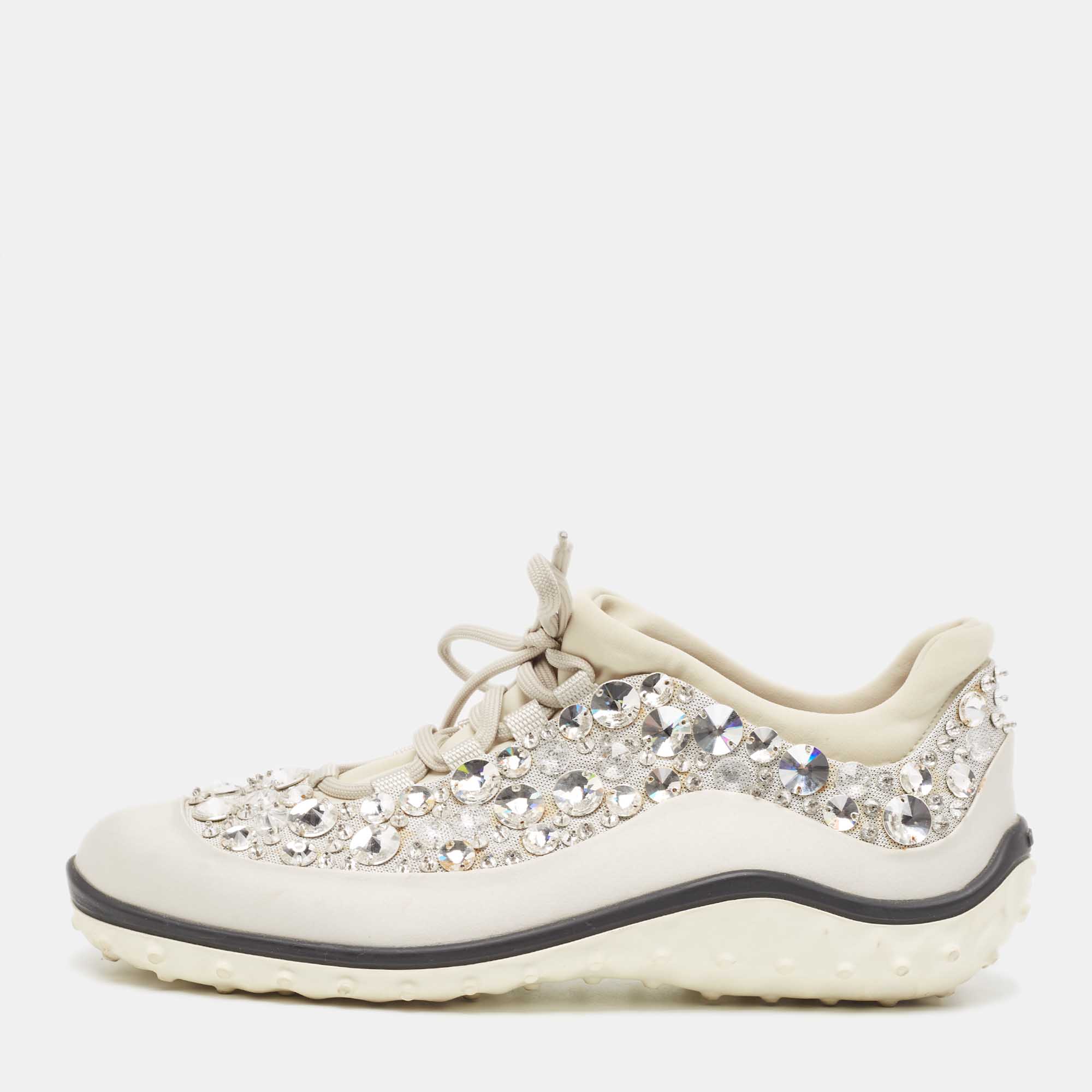 

Miu Miu Silver Satin Astro Crystal Embellished Low Top Sneakers Size