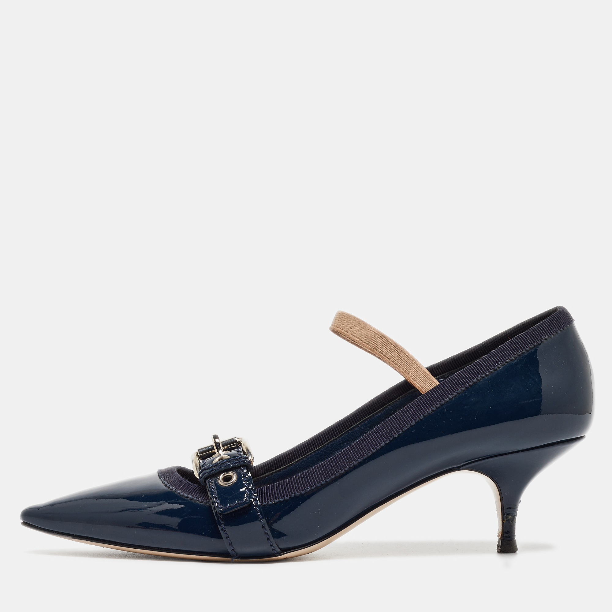 Pre-owned Miu Miu Navy Blue Patent Pointed Toe Buckle Pumps Size 38.5