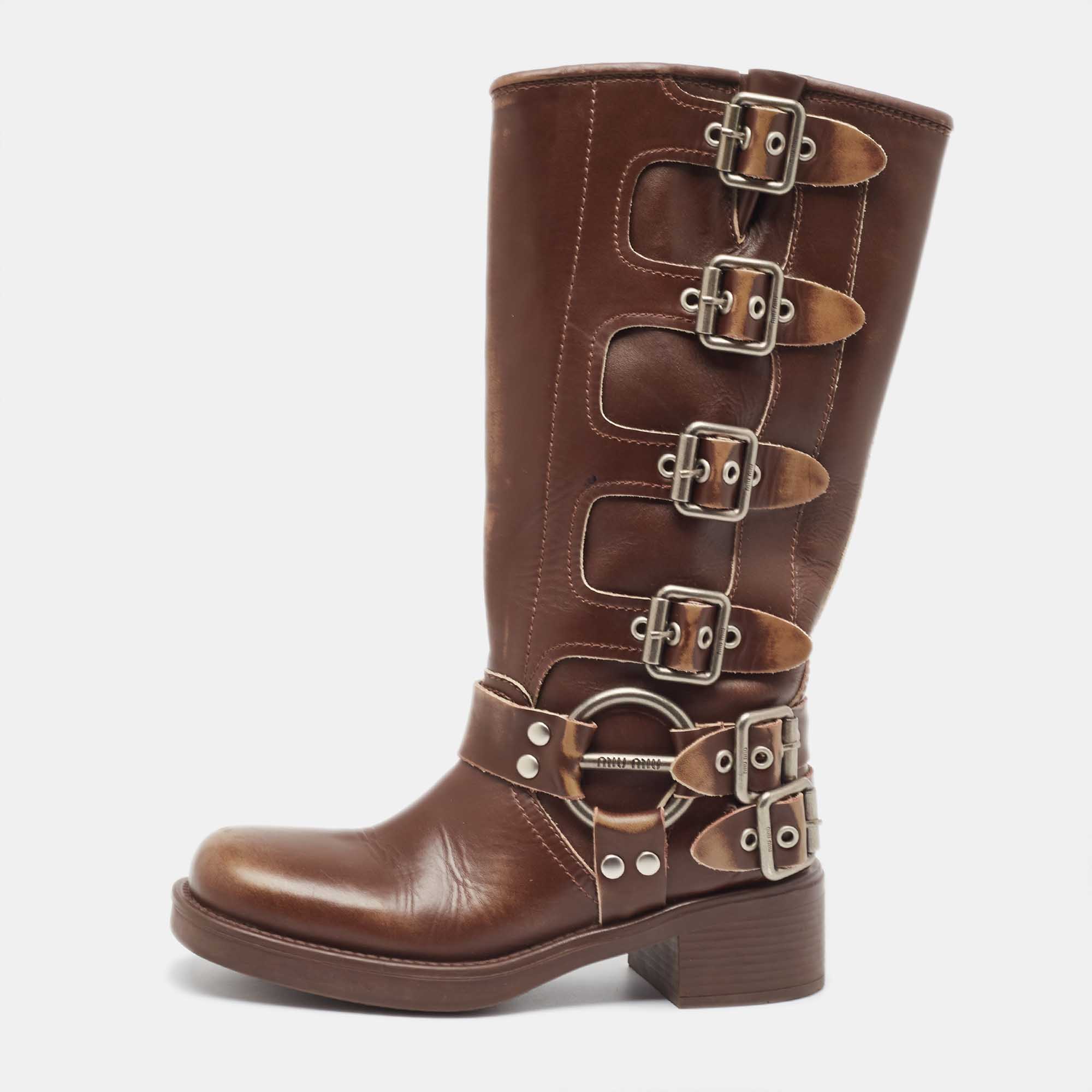 Pre Owned Miu Miu Brown Leather Buckle Knee Length Boots Size 36