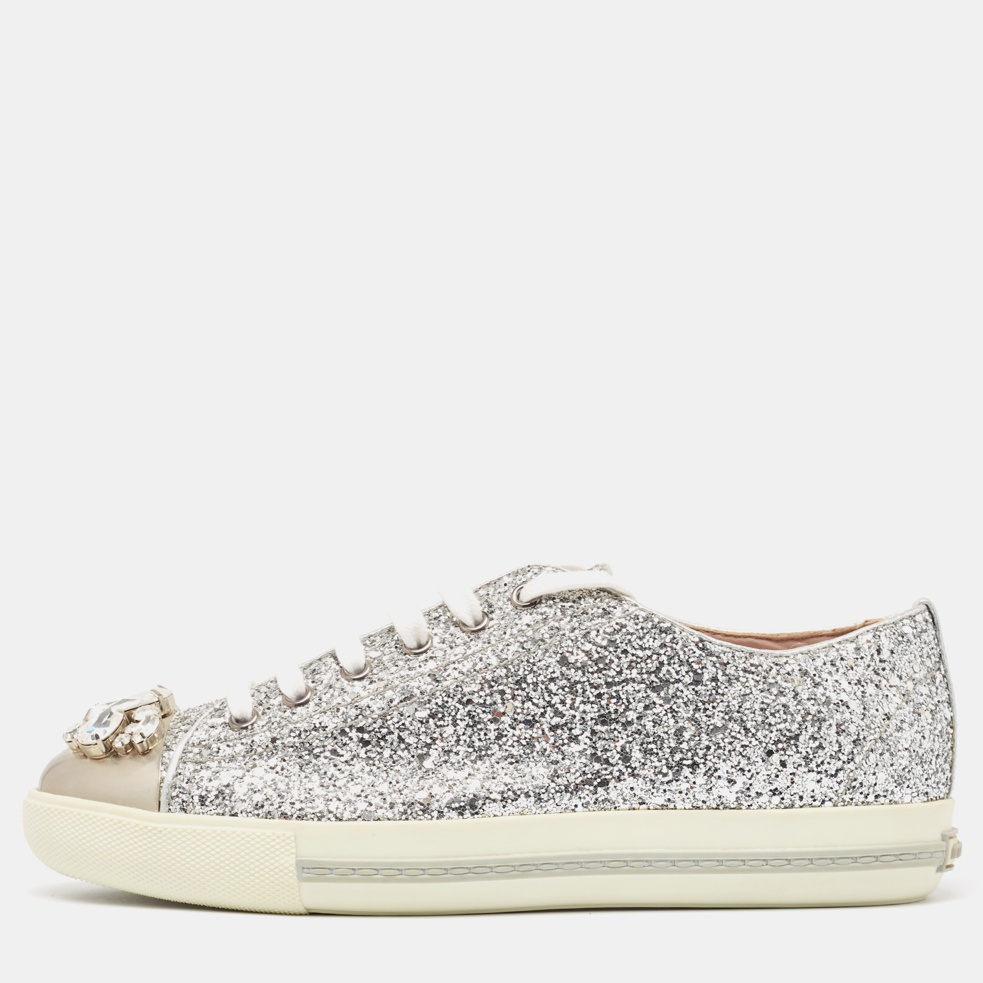

Miu Miu Silver Glitter and Leather Crystal Embellished Sneakers Size