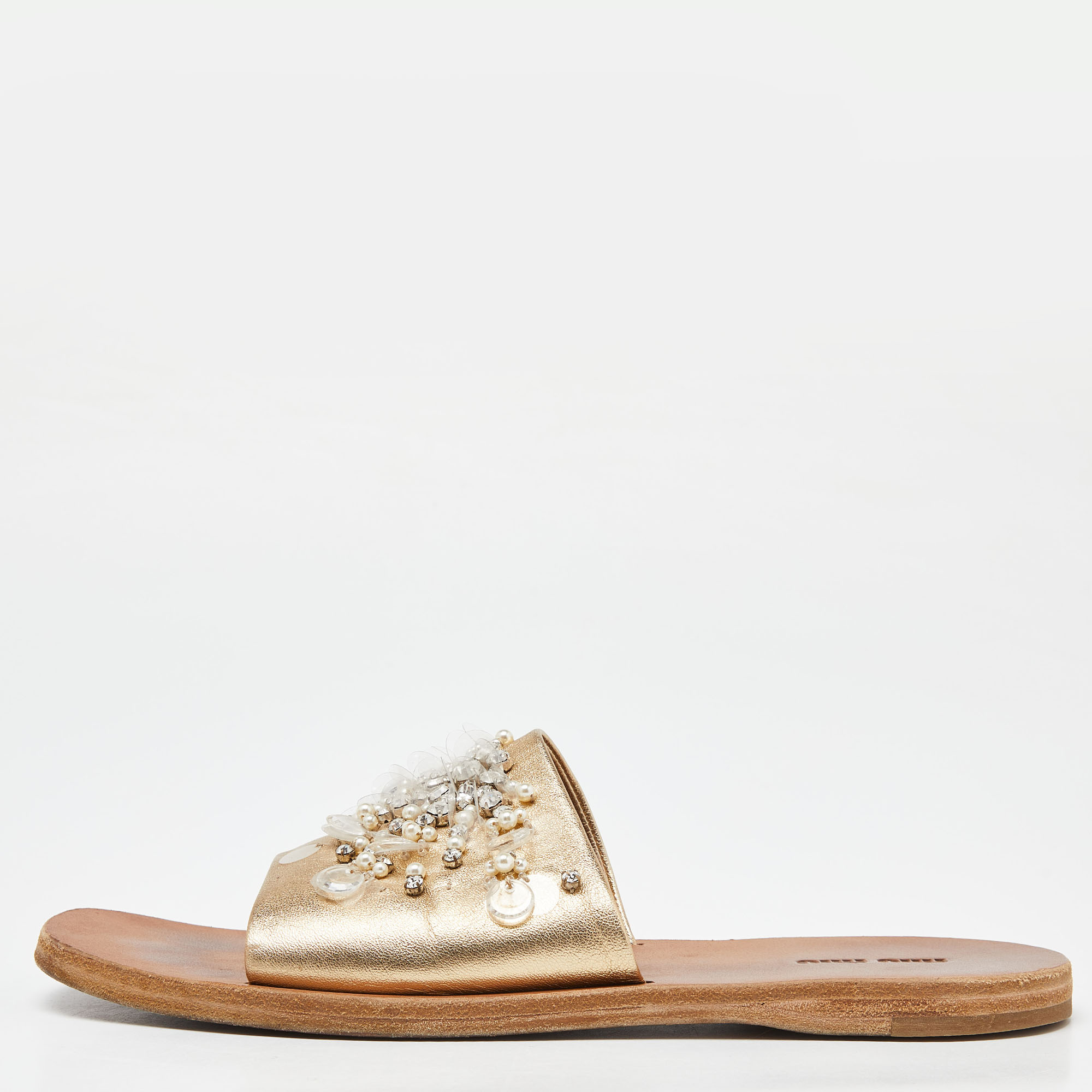 Pre-owned Miu Miu Gold Leather Crystal Embellished Open Toe Flat Slides Size 40