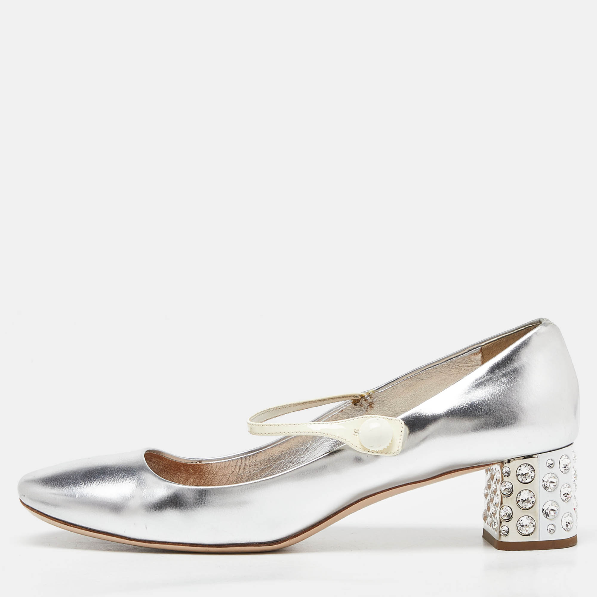 Pre-owned Miu Miu Silver Patent Leather Crystal Embellished Heel Mary Jane Pumps Size 39.5 In Metallic