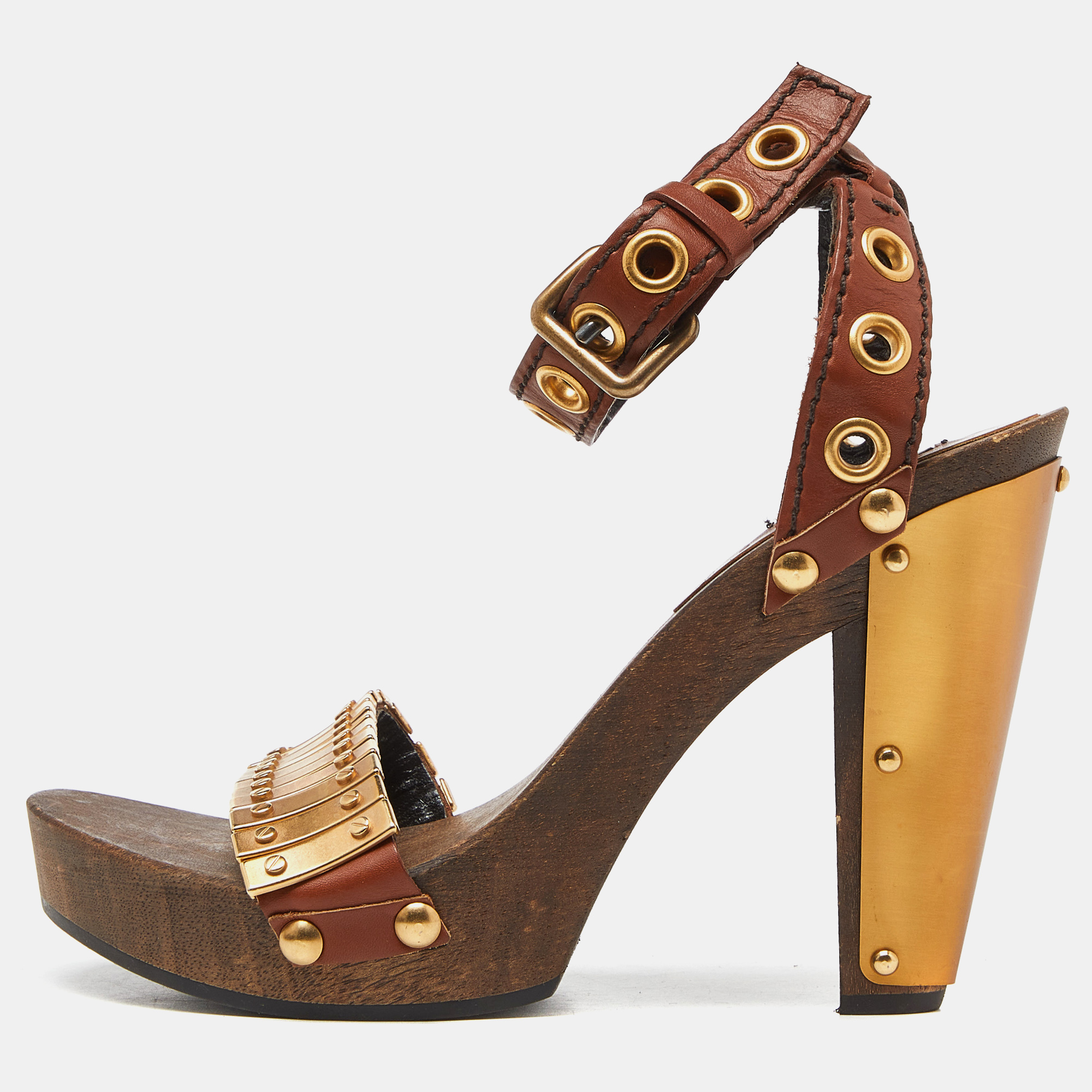 Pre-owned Miu Miu Brown/gold Leather And Metal Platform Eyelet Ankle Strap Sandals Size 37