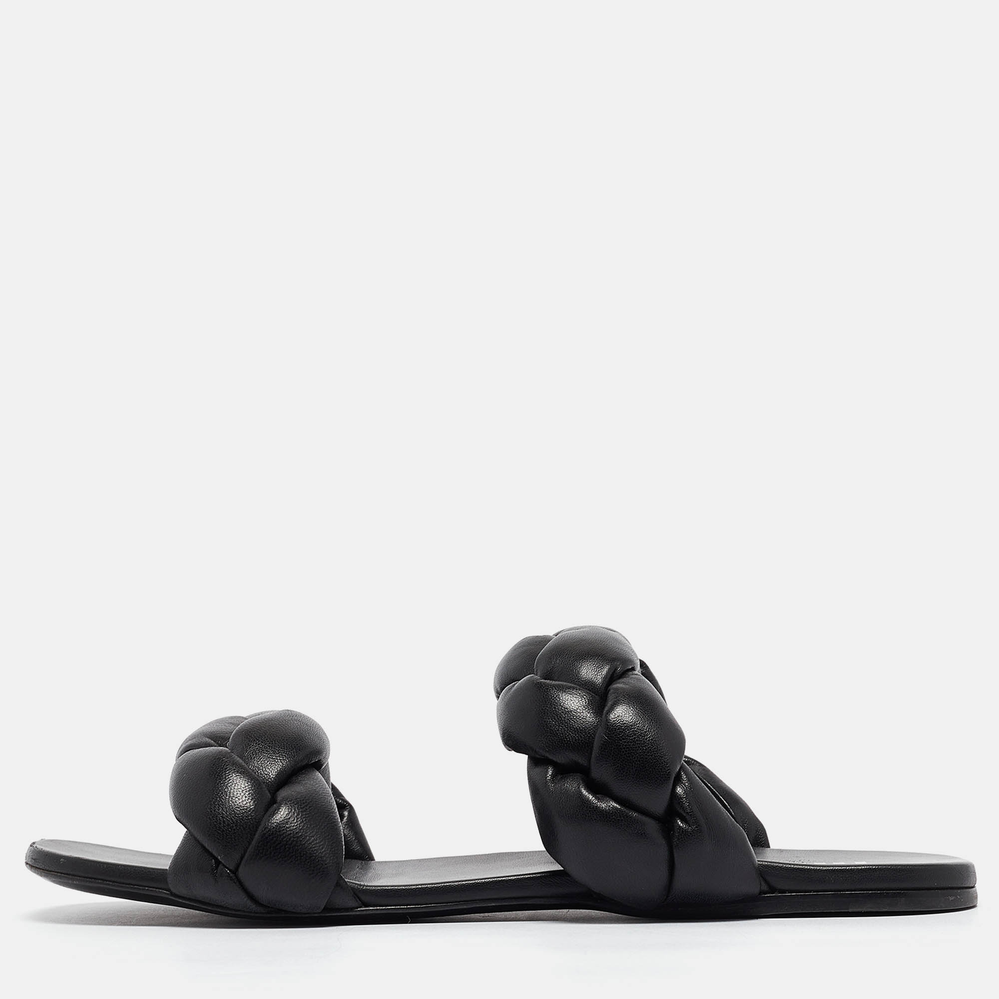 

Miu Miu Black Woven Leather Flat Slides Size