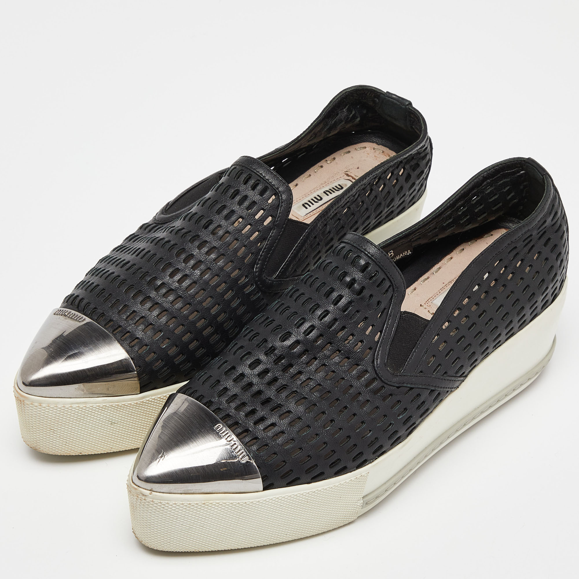 Miu Miu Black Perforated Leather Metal Cap Toe Slip On Sneakers Size 38 