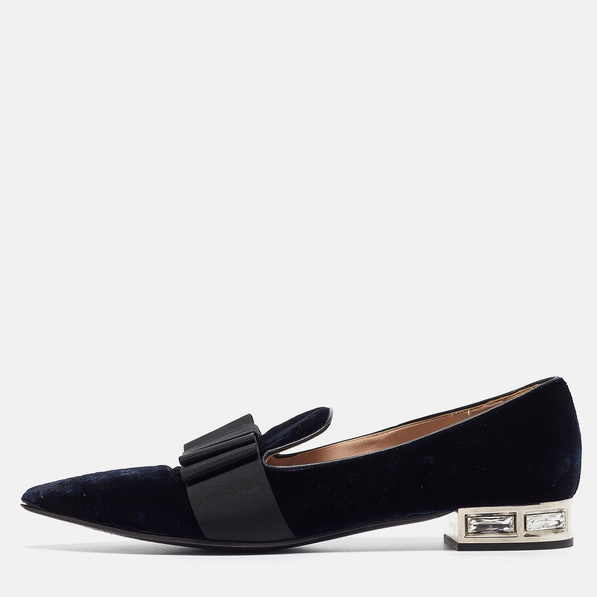 

Miu Miu Navy Blue/Black Velvet and Canvas Bow Crystal Embellished Loafers Size