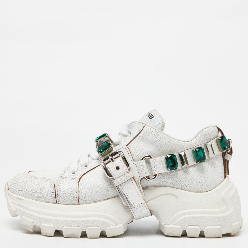 

Miu Miu White Textured Leather Crystal Embellished Lace Up Sneakers Size