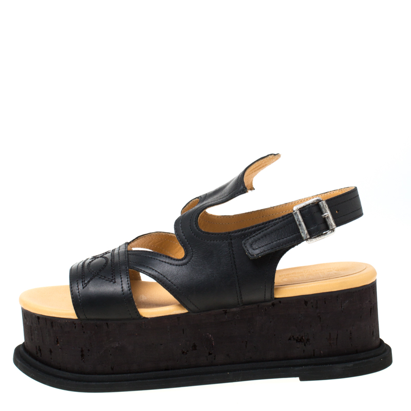 

MM6 Maison Margiela Black Cut Out Embroidered Leather Platform Sandals Size