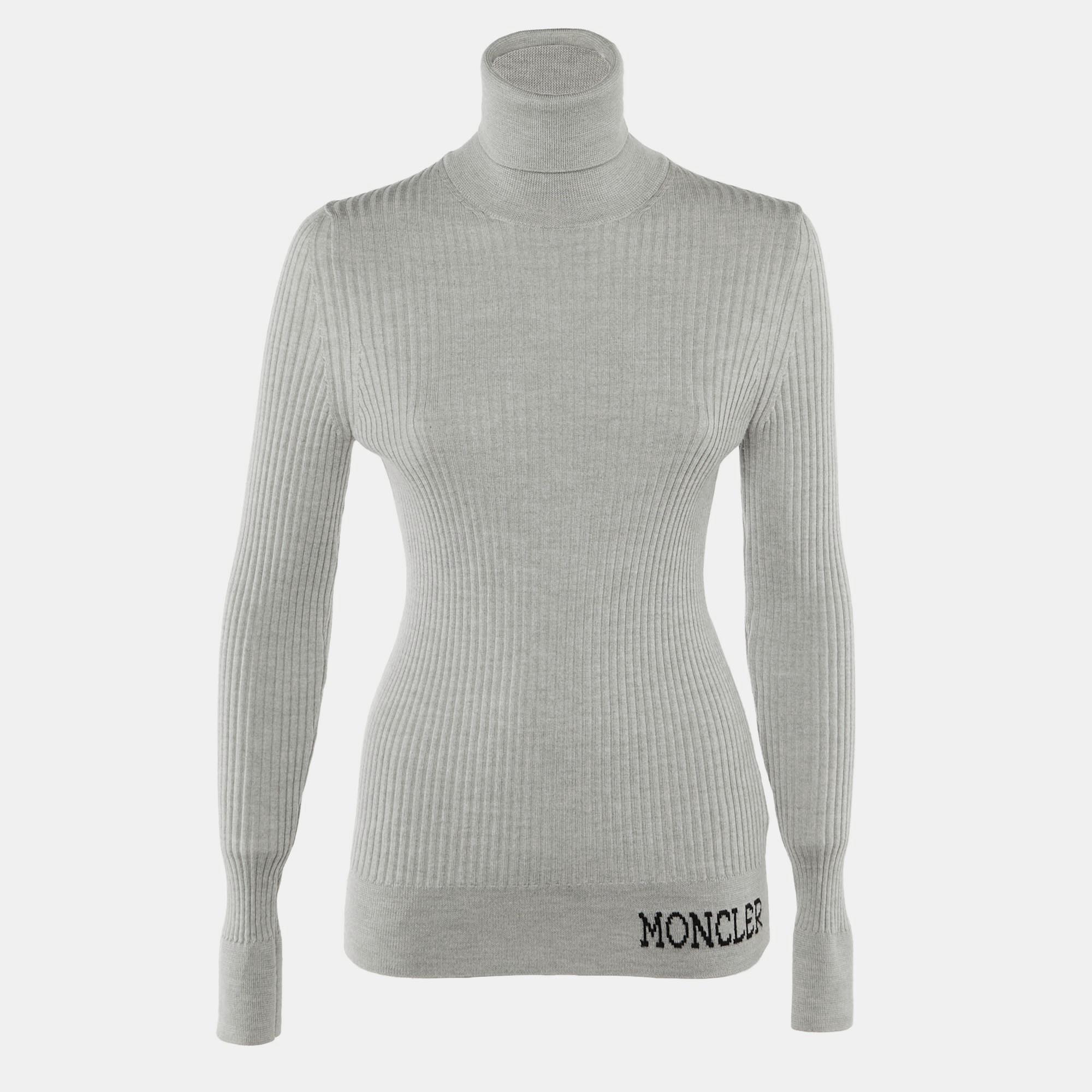 

Moncler Grey Wool Rib Knit Ciclista Turtle Neck Sweater L