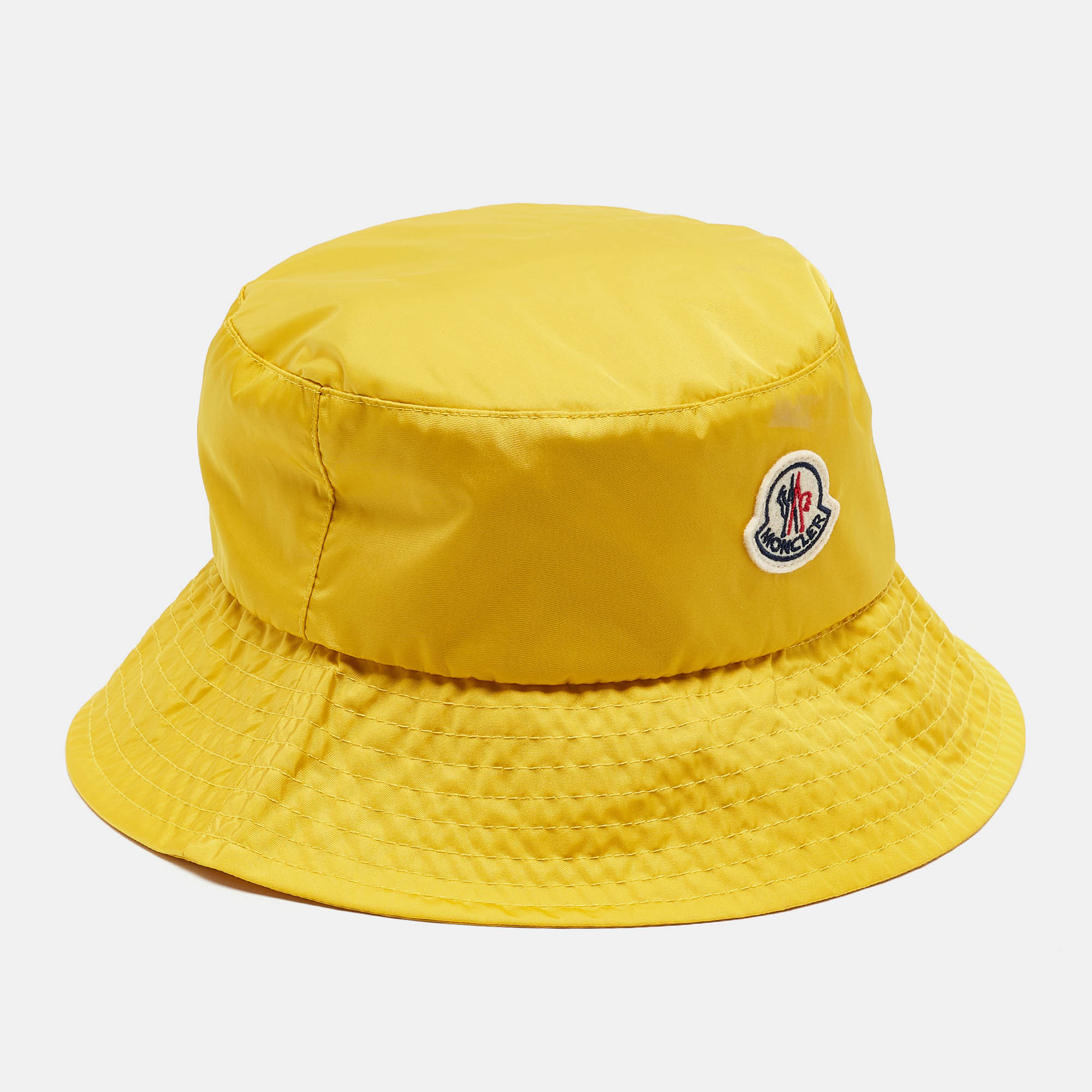 Pre-owned Moncler Yellow Logo Patch Nylon Bucket Hat S